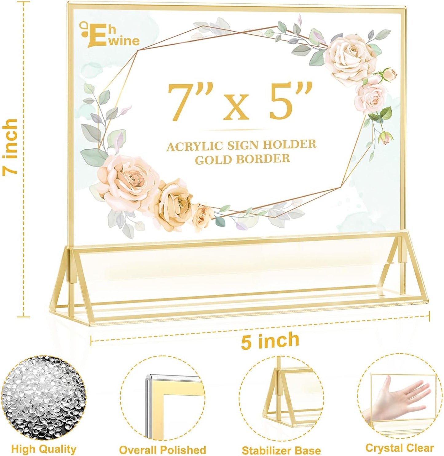 EHWINE 6 Pack Acrylic Sign Holder 5 x 7 Horizontal, Double-Sided Stand up Table Top Sign Holders, Gold Acrylic Picture Frame Menu Flyer Paper Holder Display Stand for Office Business Store Wedding Party