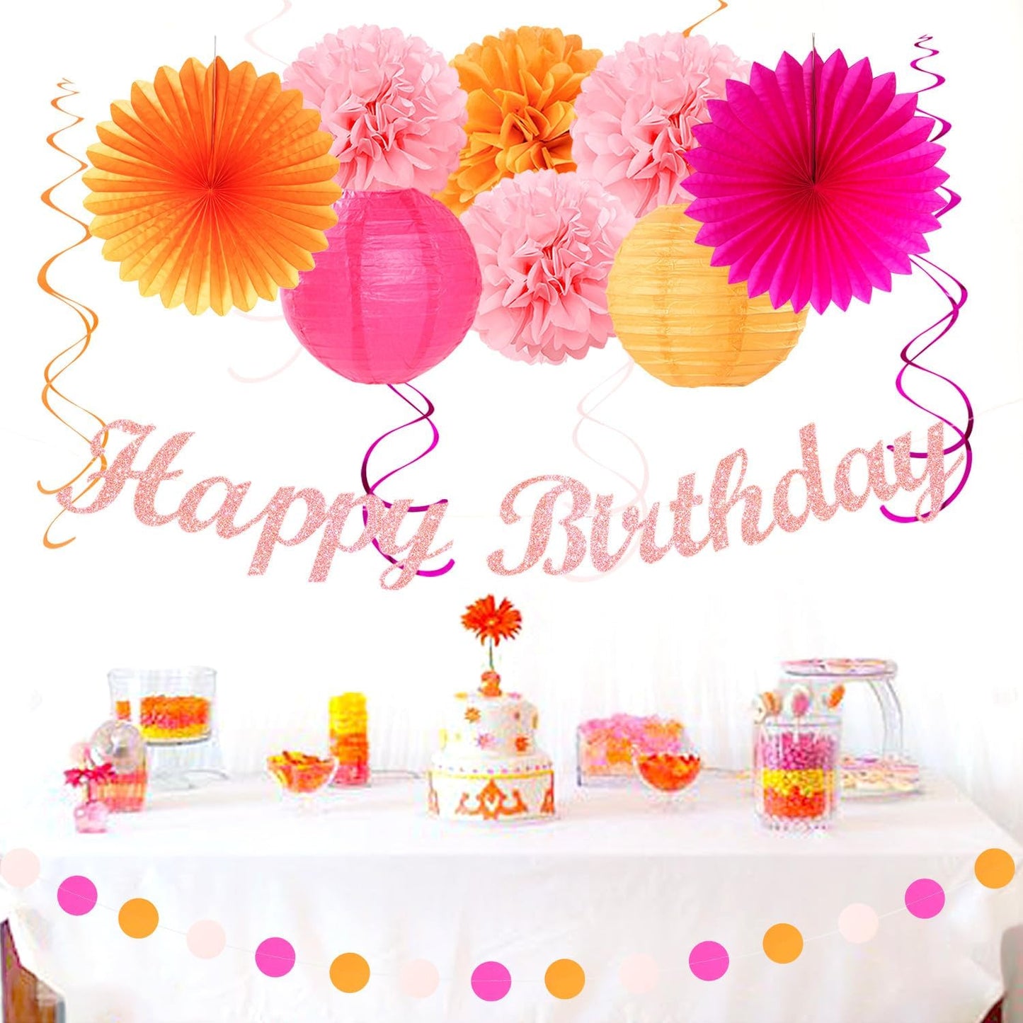 Hot-Pink Orange 21st Happy-Birthday Party-Decorations - 31pcs Sweet 16 18th Women Girls Paper Lanterns Streamers Banner,Tissue Pom Poms Fans Tassels Graland Decor,Fall Boho Backdrop Supplies Hugmoon