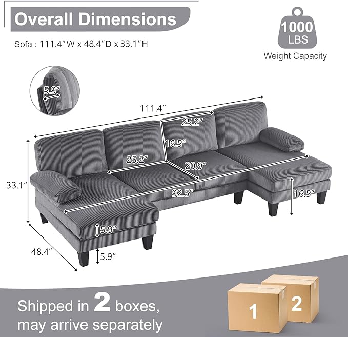 Karl home U-Shape Sectional Sofa Couch 111" Modern 4-Seat Sofa - Image 2