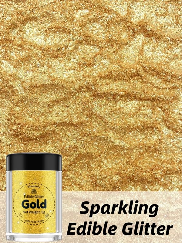 Shanlinly Gold Edible Glitter for Cakes Drinks - Food Grade 5g Shimmer Luster Glitter Dust Edible Glimmer Powders for Strawberries, Sprinkle on Sparkle, Chocolate, Cookie, Cupcake, Cocktail, Vegan