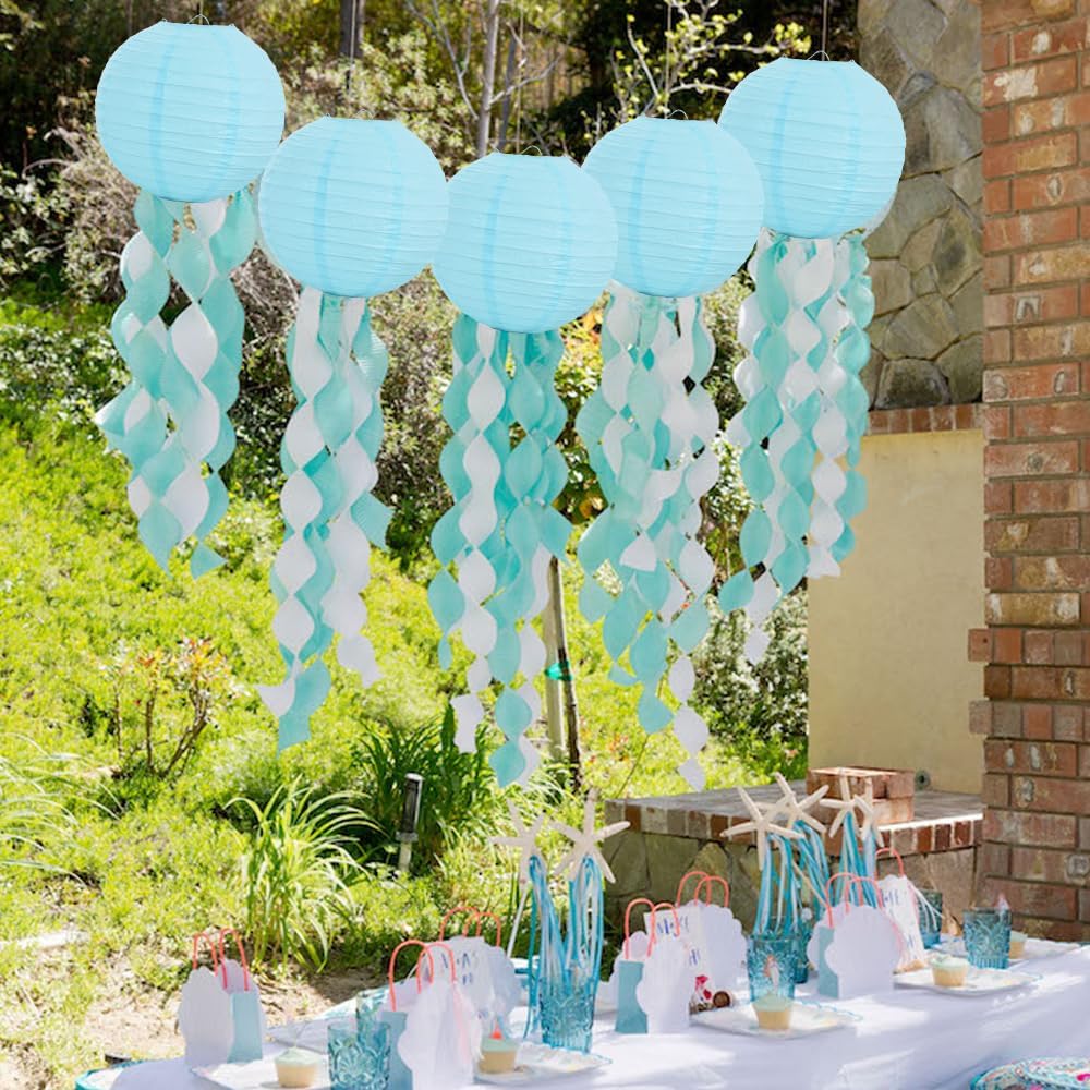 BEISHIDA 10-Inch Light Blue Round Paper Lanterns Decorative Hanging Asia Chinese Japanese Paper Lanterns Lamp for Birthday Wedding Baby Shower Home Decor Party Decoration（6 Packs）