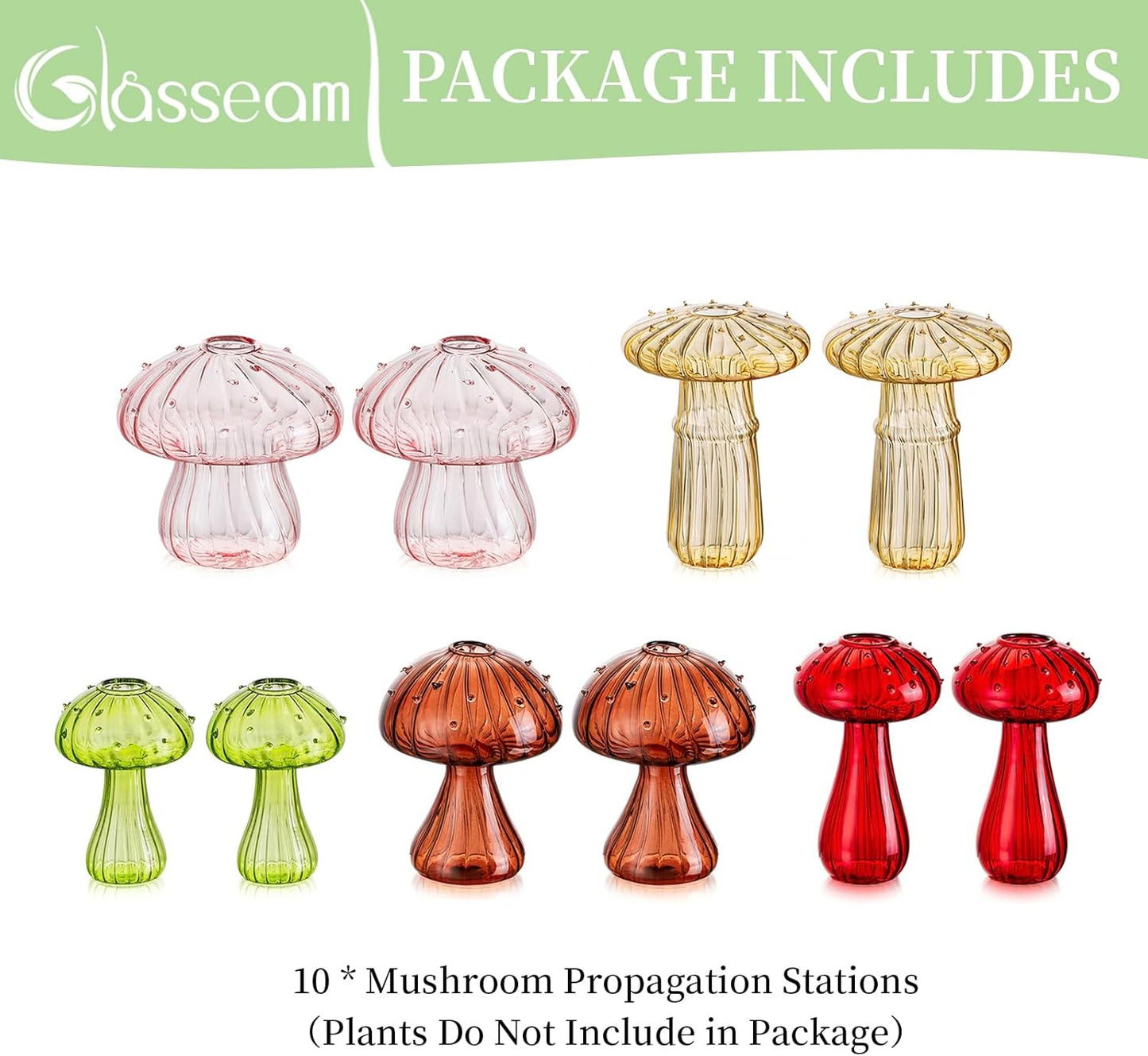 Glasseam Mushroom Planter Propagation Vase, Set of 10 Glass Terrariums for Plants, Cute Hydroponic Small Planter, Colored Propagate Station, Decorative Bud Vases for Flowers, Unique Gifts for Women