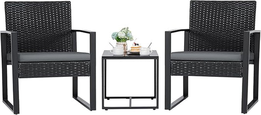 Flamaker 3 Pieces Patio Set Outdoor Wicker Furniture Modern Bistro Rattan Chair by Flamaker