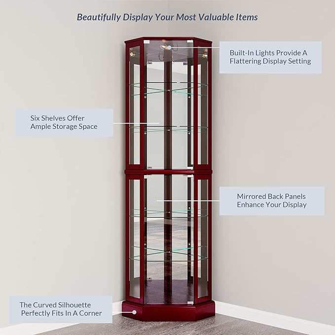 BELLEZE Lighted Corner Display Curio Cabinet Wooden Curved Shelving Unit - Image 5