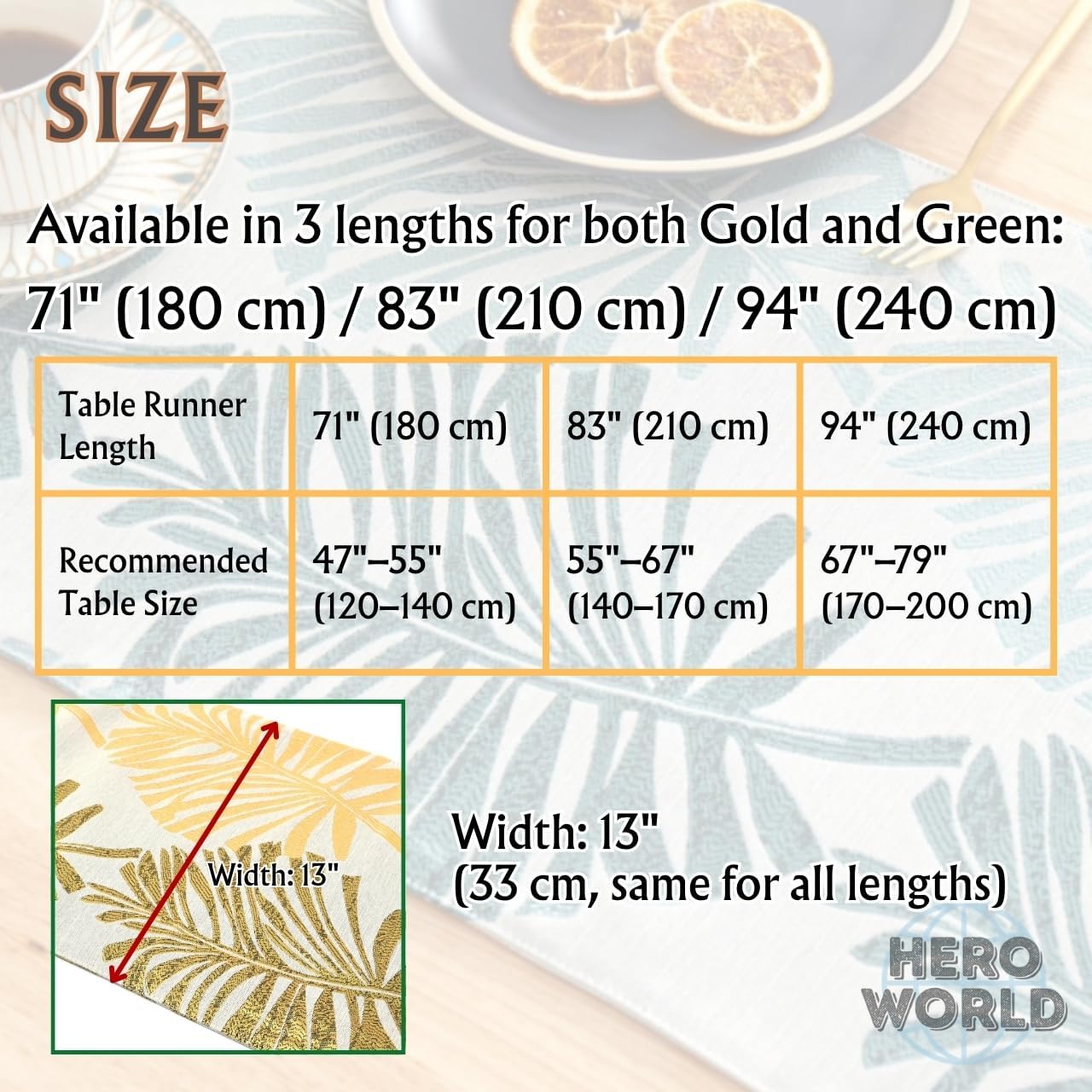 Monstera Leaf Table Runner – Elegant Fabric Table Centerpiece, Machine Washable, Gold or Green, 71"/83"/94" Length, 13" Width (Gold/71)