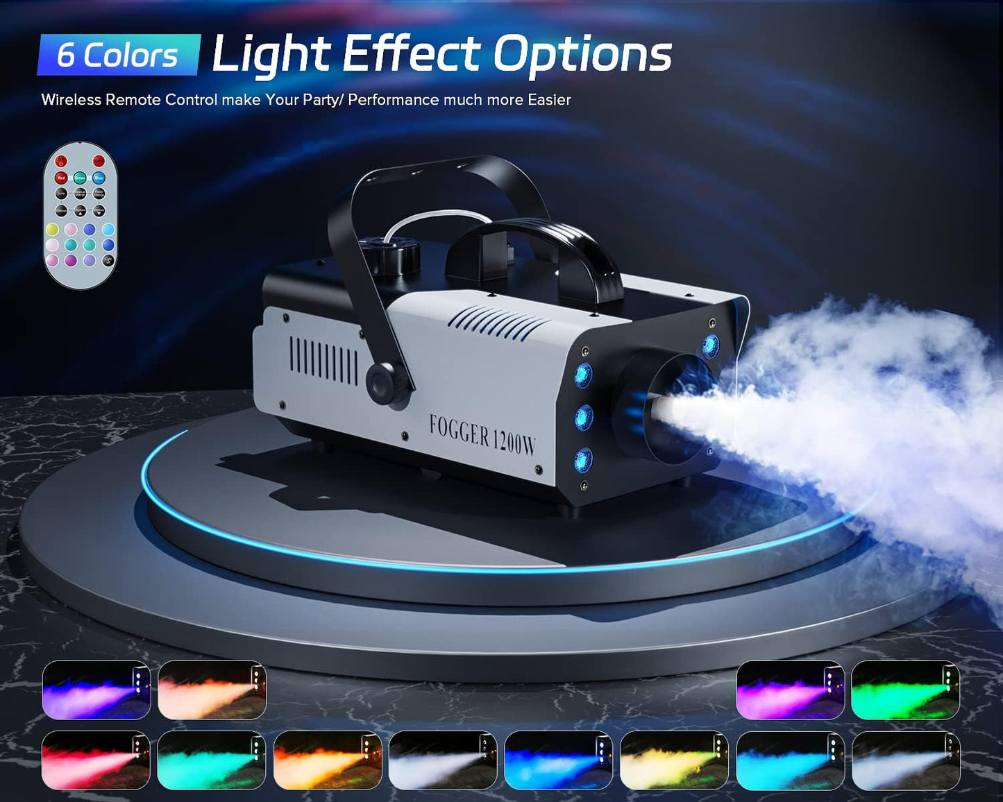 1200W RGB Fog Machine, 6 Colorful LED Lights for Smoke Machine Indoor/Outdoor Use, Perfect for Halloween Parties, Weddings, and Stage Effects 4PC
