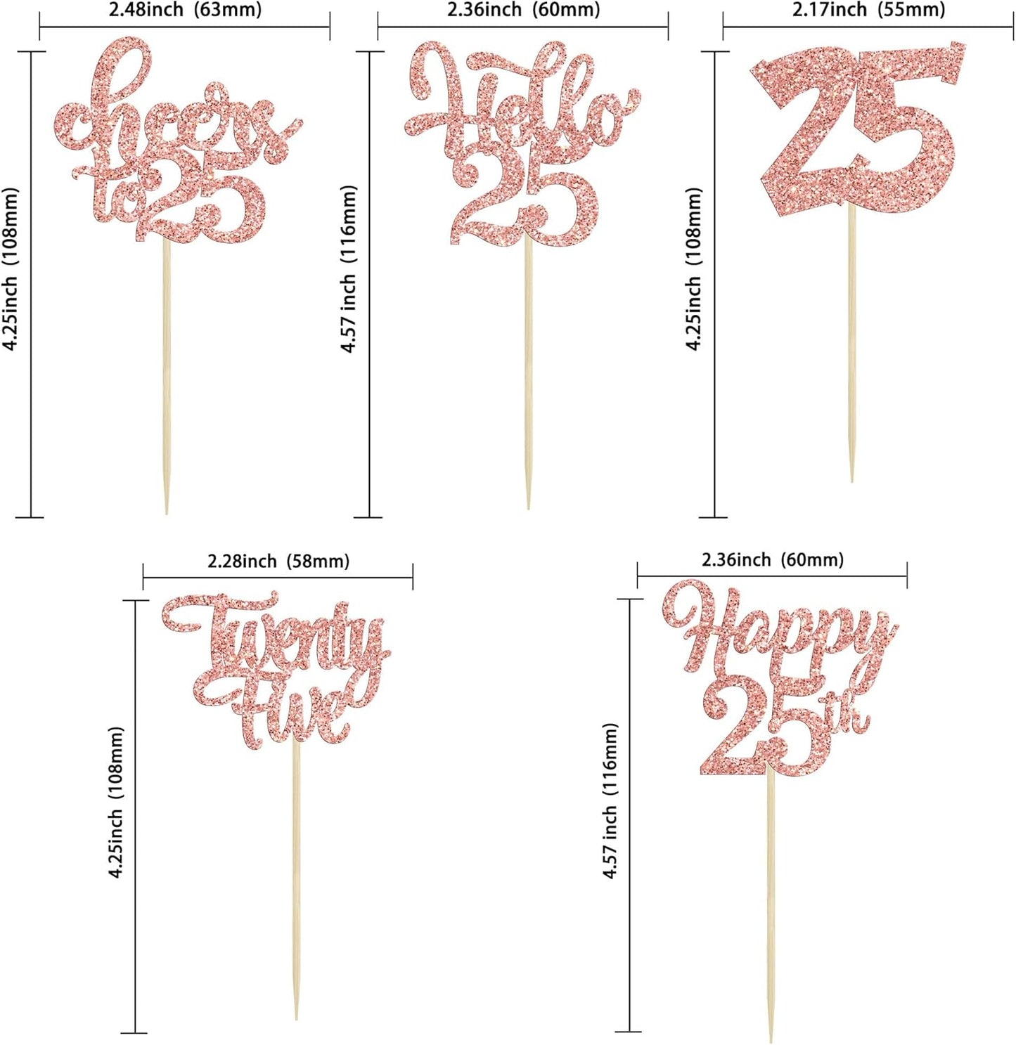 30pcs 25th Birthday Cupcake Toppers - 25th Anniversary Cake Decorations - Rose Gold Glitter