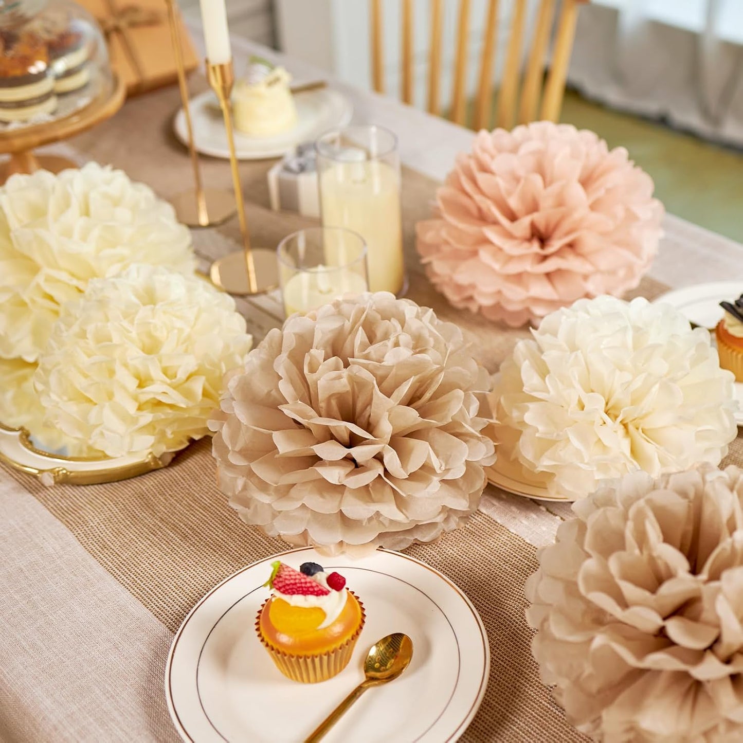 EASY JOY Boho Tissue Pom Poms Paper Flowers Hanging Decorations Brown Beige Party Decor for Bridal Shower Decorations Autumn Home Decor Baby Shower Wedding Nursery Birthday Backdrop 15PCS