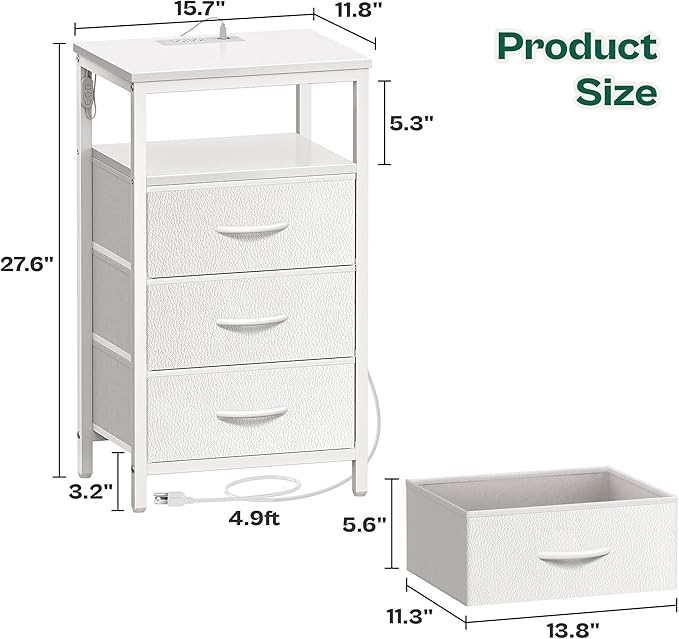 Huuger Night Stand with Charger Station and LED Lights, 3 Drawer Nightstand - Image 3