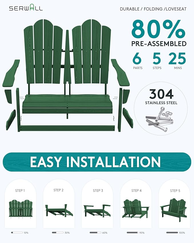 SERWALL Folding Adirondack Bench, HDPE All-Weather Adirondack Loveseat Set of 2 - Image 9