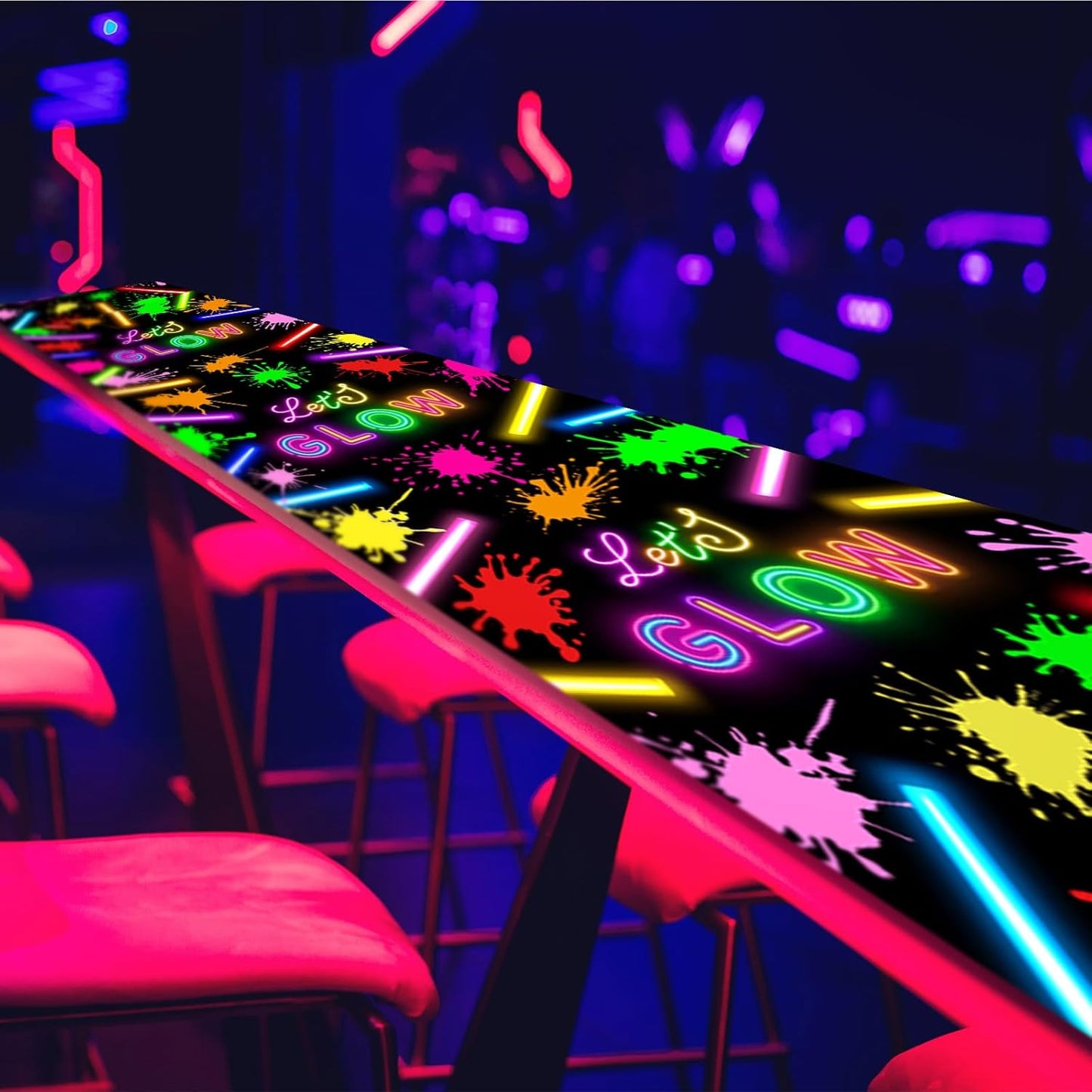Haull 118 x 39 Inch Neon Light up Dance Floor Glow in The Dark Runner UV Reactive Blacklight Floor Aisle Runner Decor Wall Props for 80s 90s Neon Birthday Party Decorations(Let's Glow)