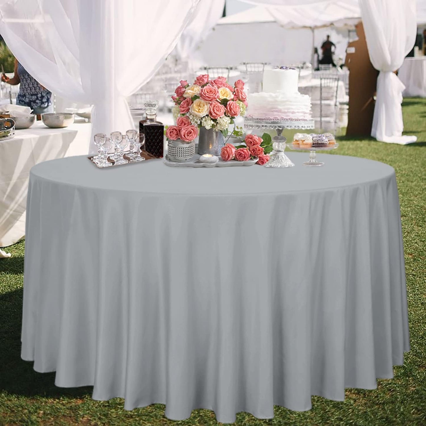 sancua Round Tablecloth - 120 Inch - Water Resistant Spill Proof Washable Polyester Table Cloth Decorative Fabric Table Cover for Dining Tables, Buffet Parties and Camping, Silver Grey