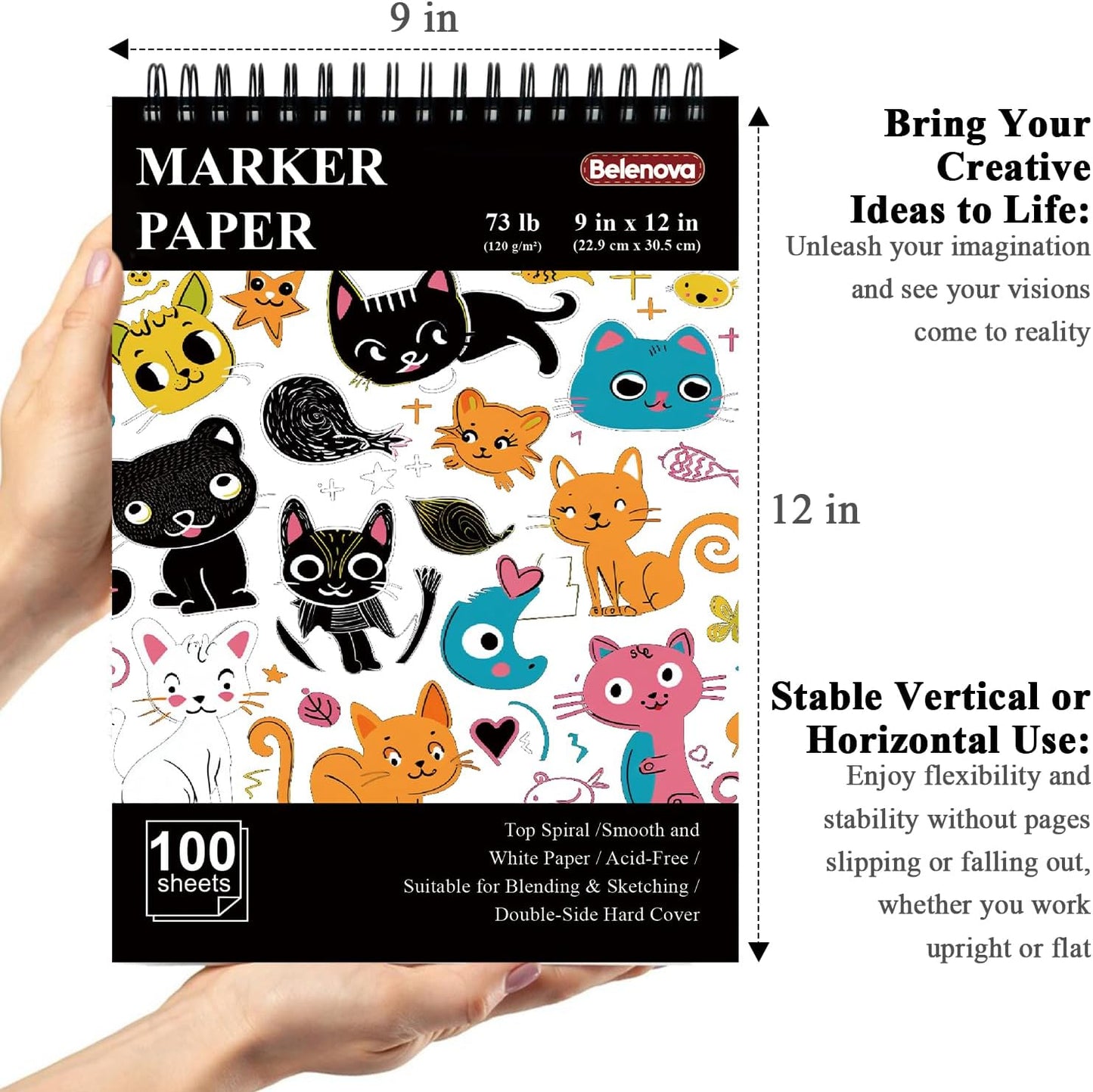 Belenova 9" x 12" Marker Paper Pad, 100 Sheets Bleedproof Sketchbook for Alcohol Markers - 73lb/120gsm Art Supplies for Drawing & Coloring (Kids/Adults).