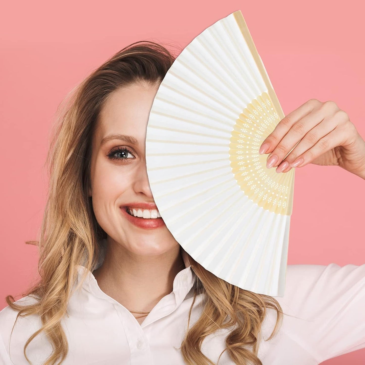 FEPITO 55 Pieces White Handheld Paper Fan Paper Folding Fans with Bamboos for Wedding Gift, Party, Home
