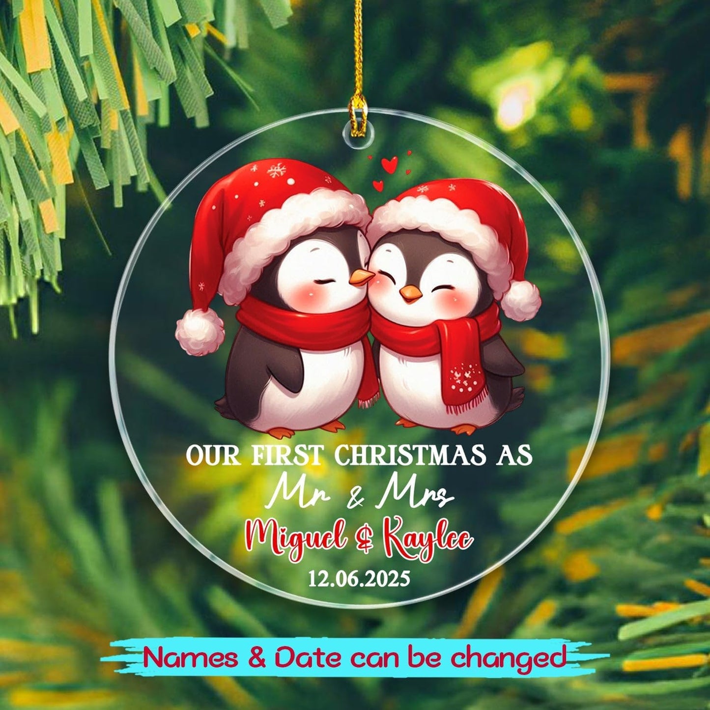 Custom 1st Christmas As Mr & Mrs Ornament Gift for Bride Groom Newlyweds, Personalized Penguin Mr & Mrs Married Ornament with Name/Date, Penguin Just Married Christmas Ornaments for Marriage Wedding