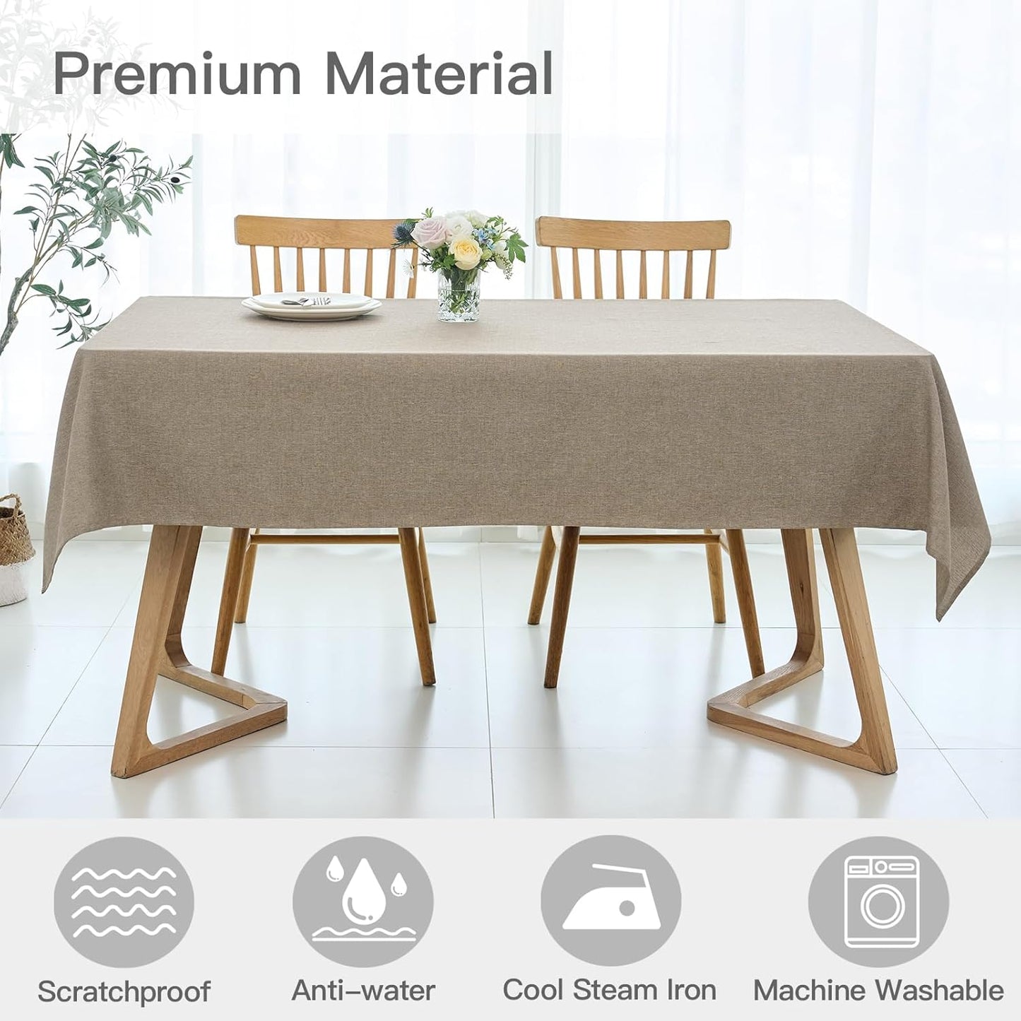 maxmill Linen Textured Rectangular Tablecloth Water Resistant Wrinkle Free Spill-Proof Stain Proof Table Cloth for Dining Room Decoration, Banquet Party Wedding Holiday Dinner, 60 x 84 Inch, Mocha