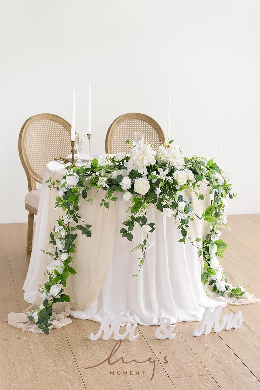 Ling's moment 9FT Flower Garland for Backdrop Decorations - Wedding Arch Flowers, Eucalyptus & Rose, Artificial Floral Garland for Mantle - Sweetheart Table Decor for Ceremony Reception, Lily White