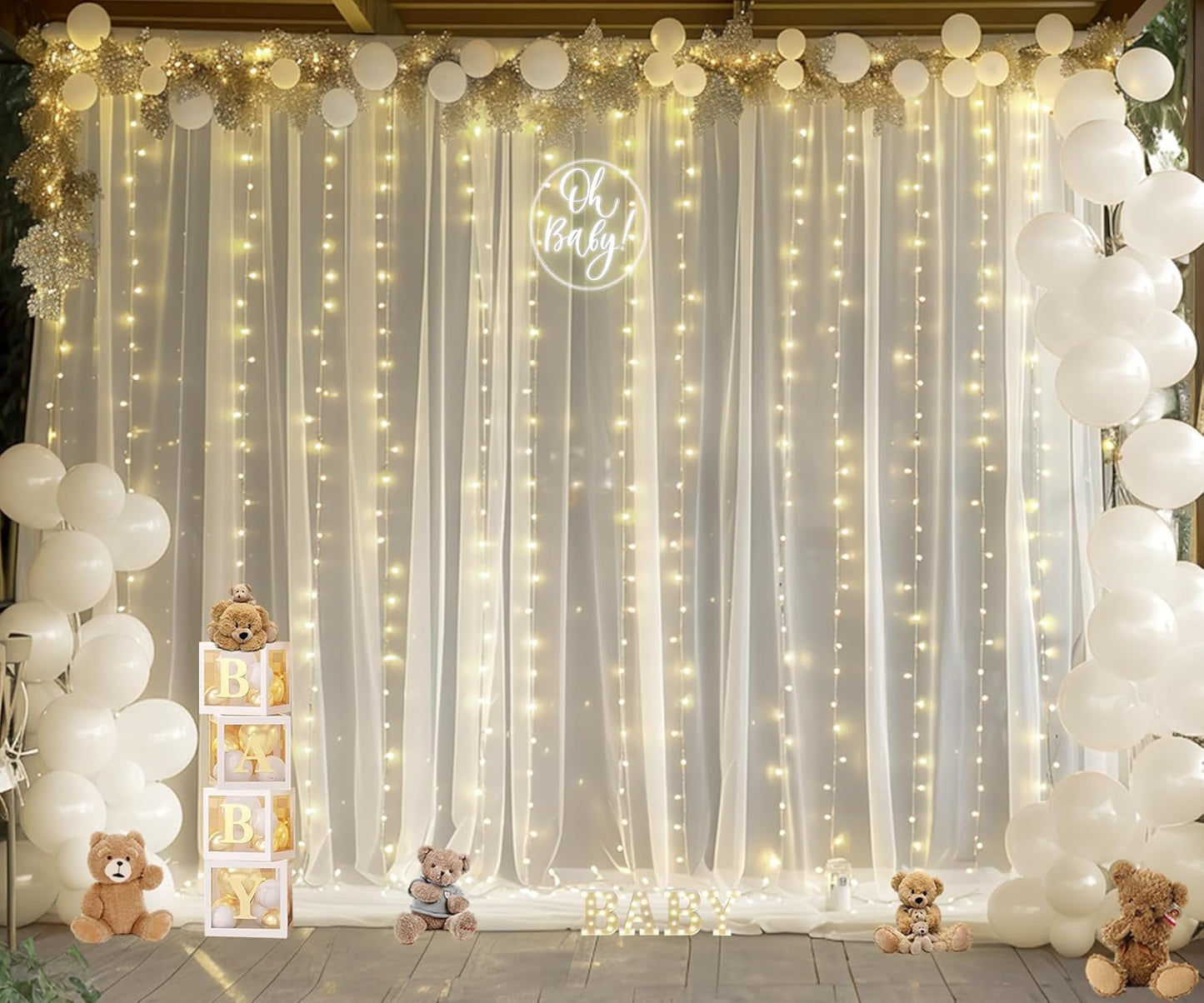 Ivory Tulle Backdrop Curtains with Lights String for Parites Wedding 10×10ft Sheer Backdrop Curtains for Baby Shower Birthday Party Photo Shoot Background Decorations