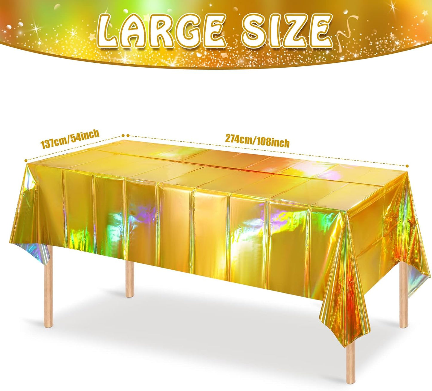 8 Pack Gold Iridescent Plastic Tablecloths Shiny Disposable Laser Rectangle Table Covers Holographic Foil Tablecloth Iridescent Party Decorations Birthday Bridal Wedding Christmas, 54 x 108 Inch