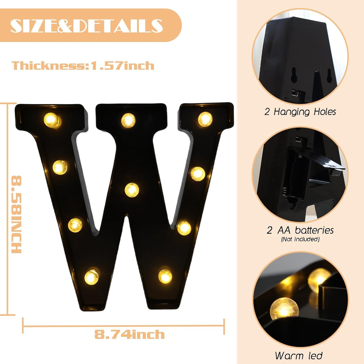 Led Marquee Letters, 8.58 Inch Black Light Up Letters, Small Led Letter Lights, Battery Powered Lighted Letterfor Table, Party, Birthday, Christmas Decor (Black, Letter W)