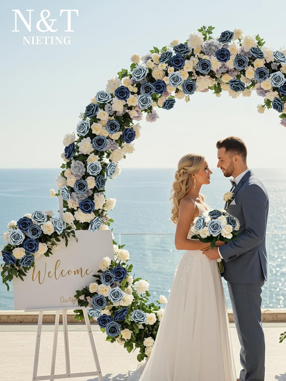 N&T NIETING Fake Roses,25pcs Artificial Flowers Dusty Blue Fake Roses Faux Flowers Fake Flowers for DIY Wedding Bouquets Centerpieces Floral Arrangements Home Decorations Shades of Navy Blue