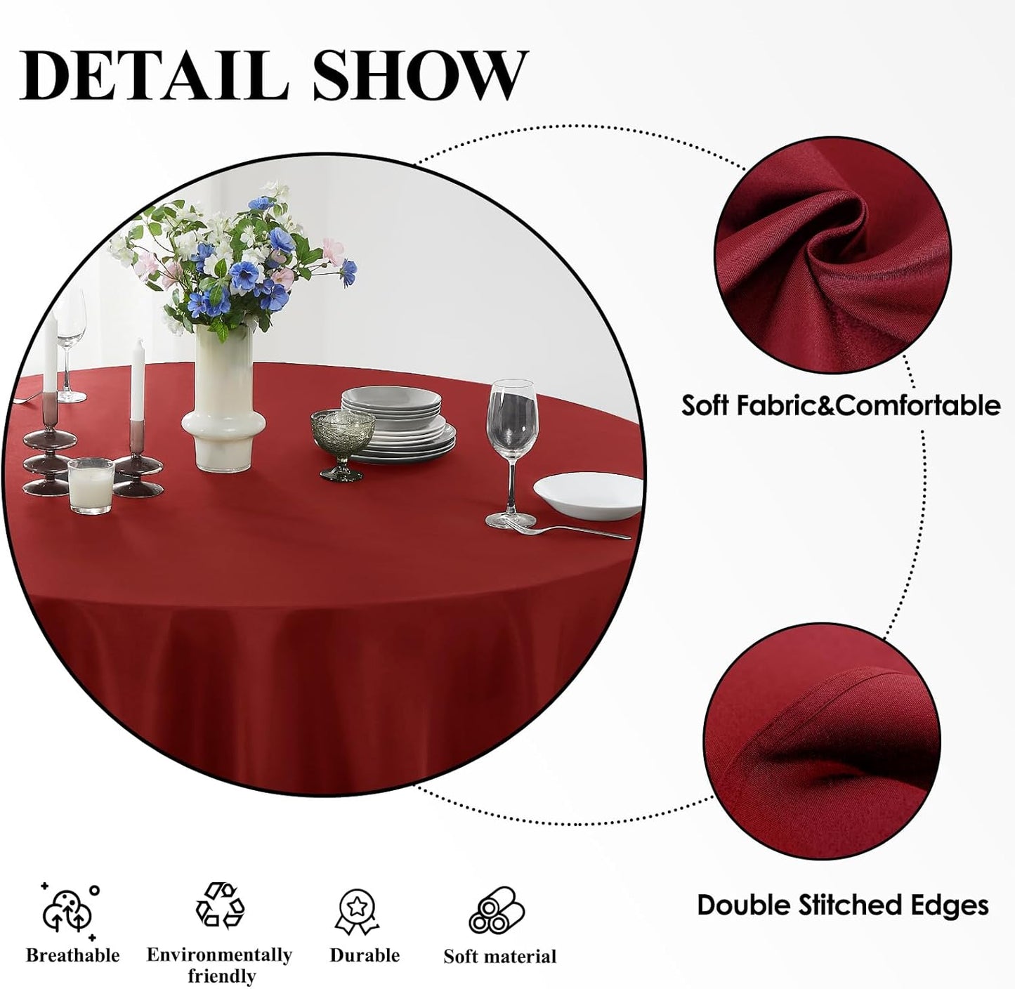 Round Tablecloth 120 Inch Tablecloth 6 Pack Red Table Cloths Washable Decorative Linen Polyester TableClothes Cover for Dining Table Banquets Buffet Parties and Wedding