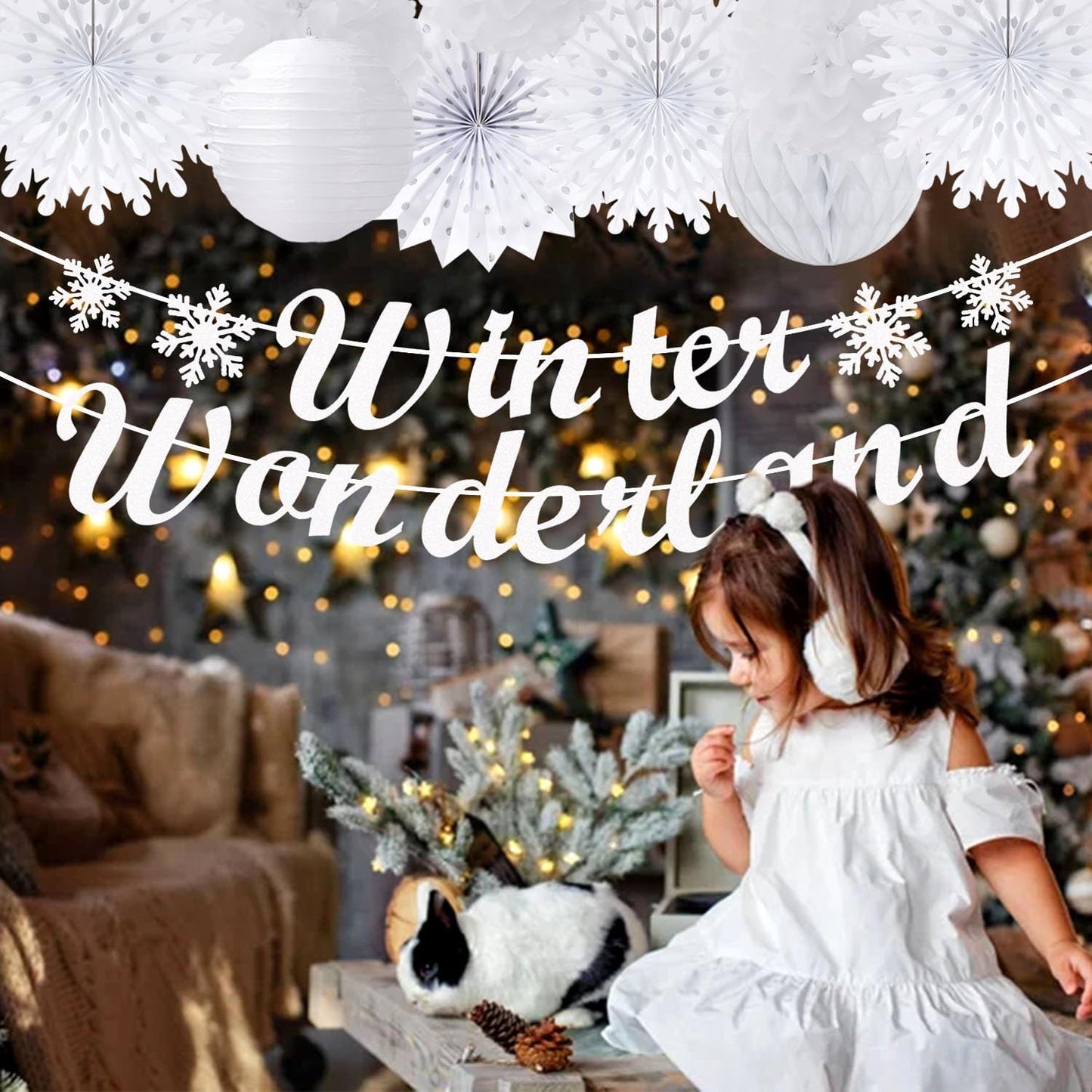 Winter-Wonderland Christmas-Snowflake White Party-Decorations - 21pcs Wedding Baby Shower Snow Banner,Paper Lanterns Honeycomb Streamers,Tissue Pom Poms Flower Fan,Classroom Hanging Decor Huglony