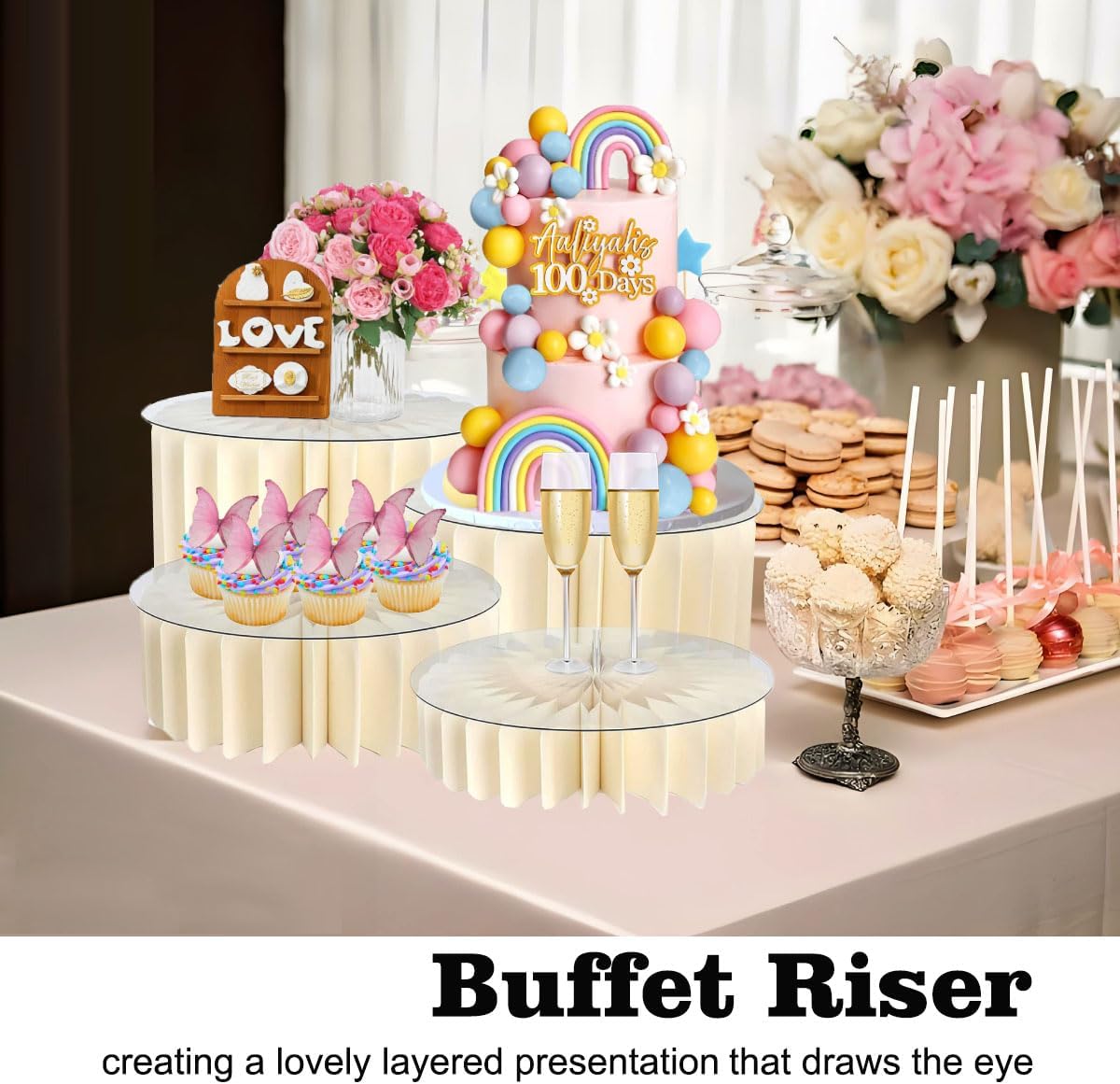 Albassa 4 PCS Buffet Risers Food Risers for Buffet Table Foldable Cardboard Food Display Stands with PVC Plates for Party Wedding Show Catering Desserts Jewelry (White, 4 PCS)
