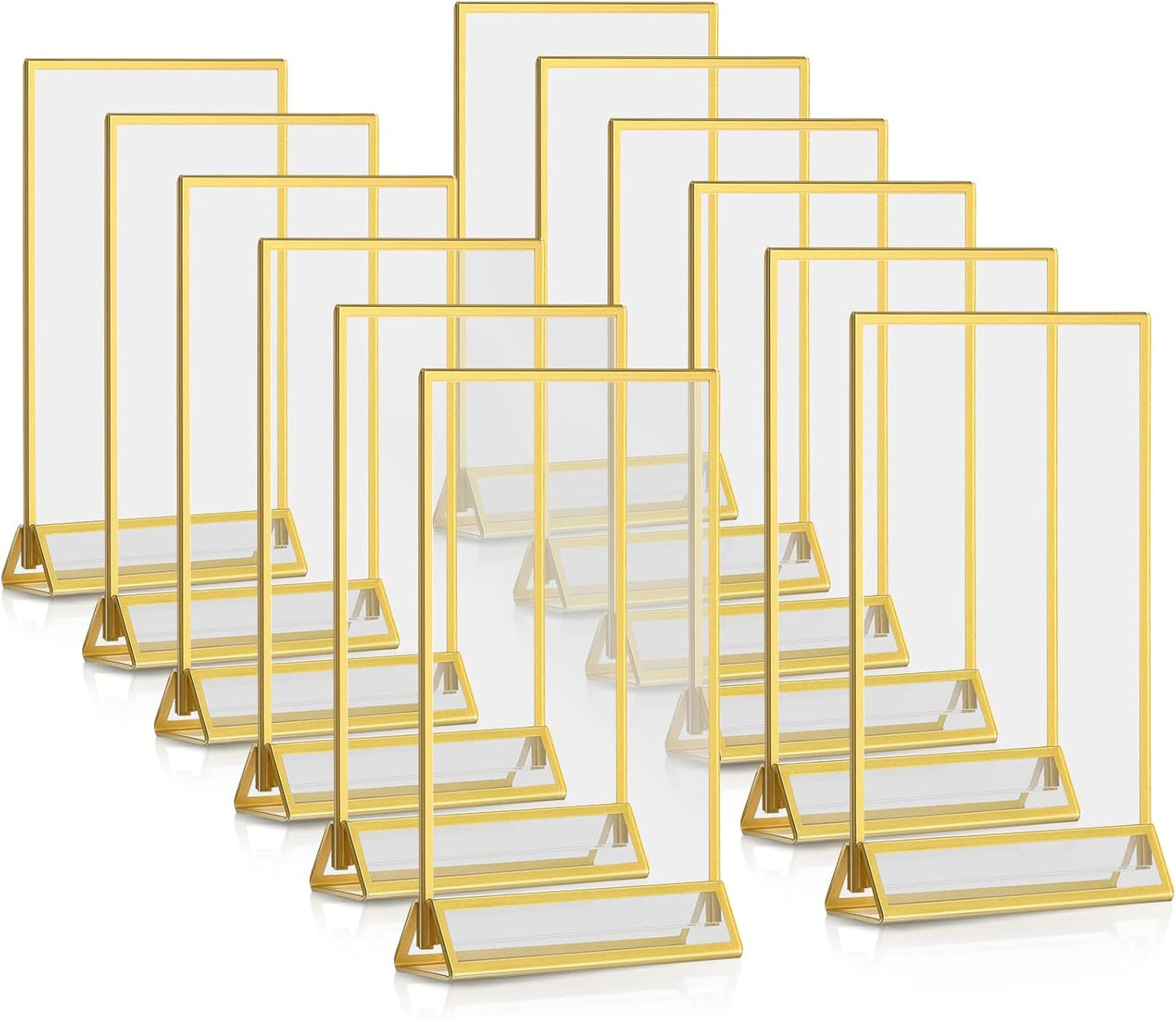 Blulu 12 Pack Acrylic Sign Holder Double Sided Picture Frame Wedding Table Number Stands with Border and Vertical Clear Display Menu Holders for Wedding Party Restaurant(4 x 6 Inch,Gold)