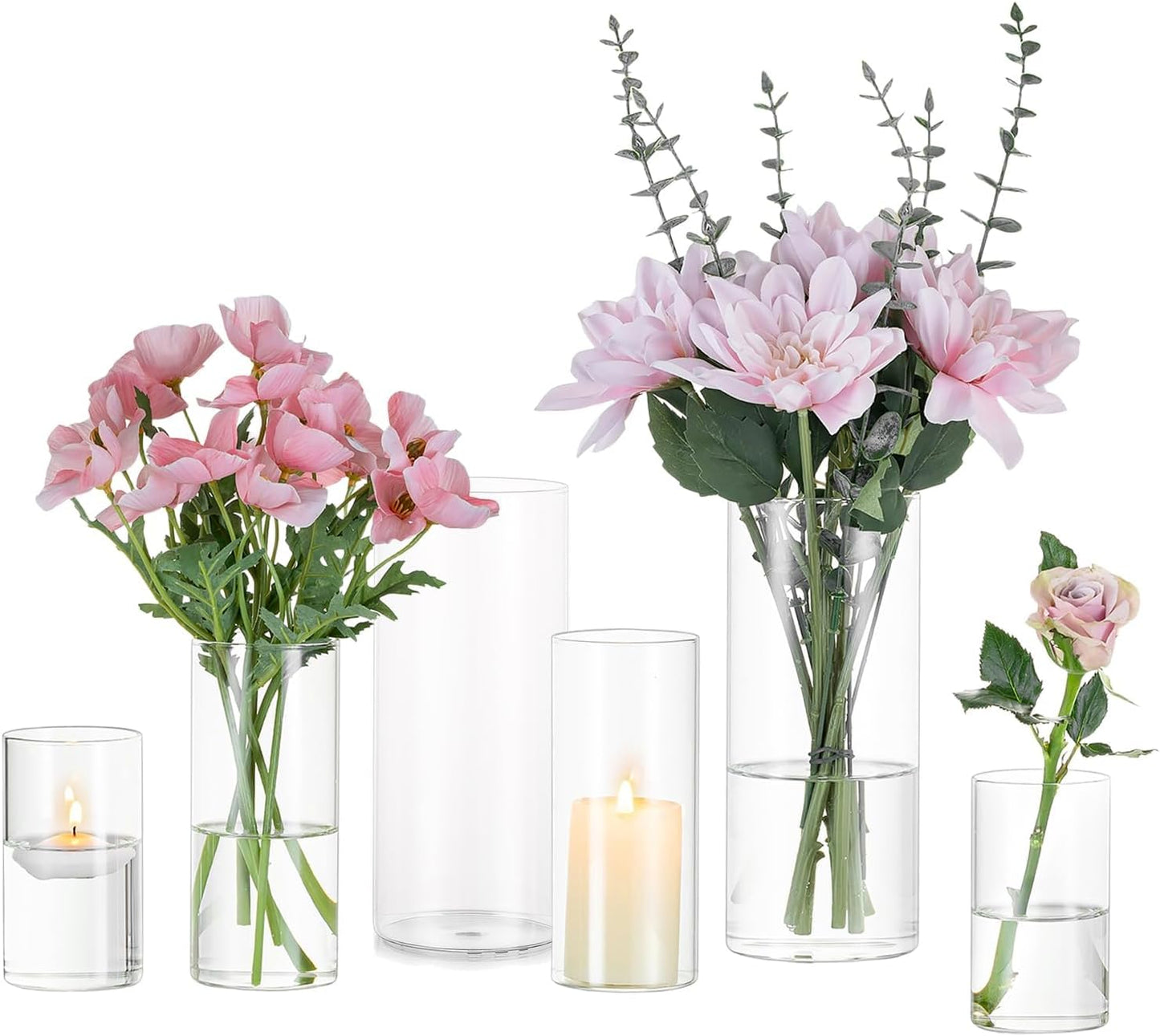Glasseam Clear Cylinder Vases for Centerpieces, Glass Cylinder Vase Set of 6, Hurricane Vase for Flowers, Glass Cylinder Candle Holder for Pillar Candles, Floating Candle Vases for Wedding Decorations