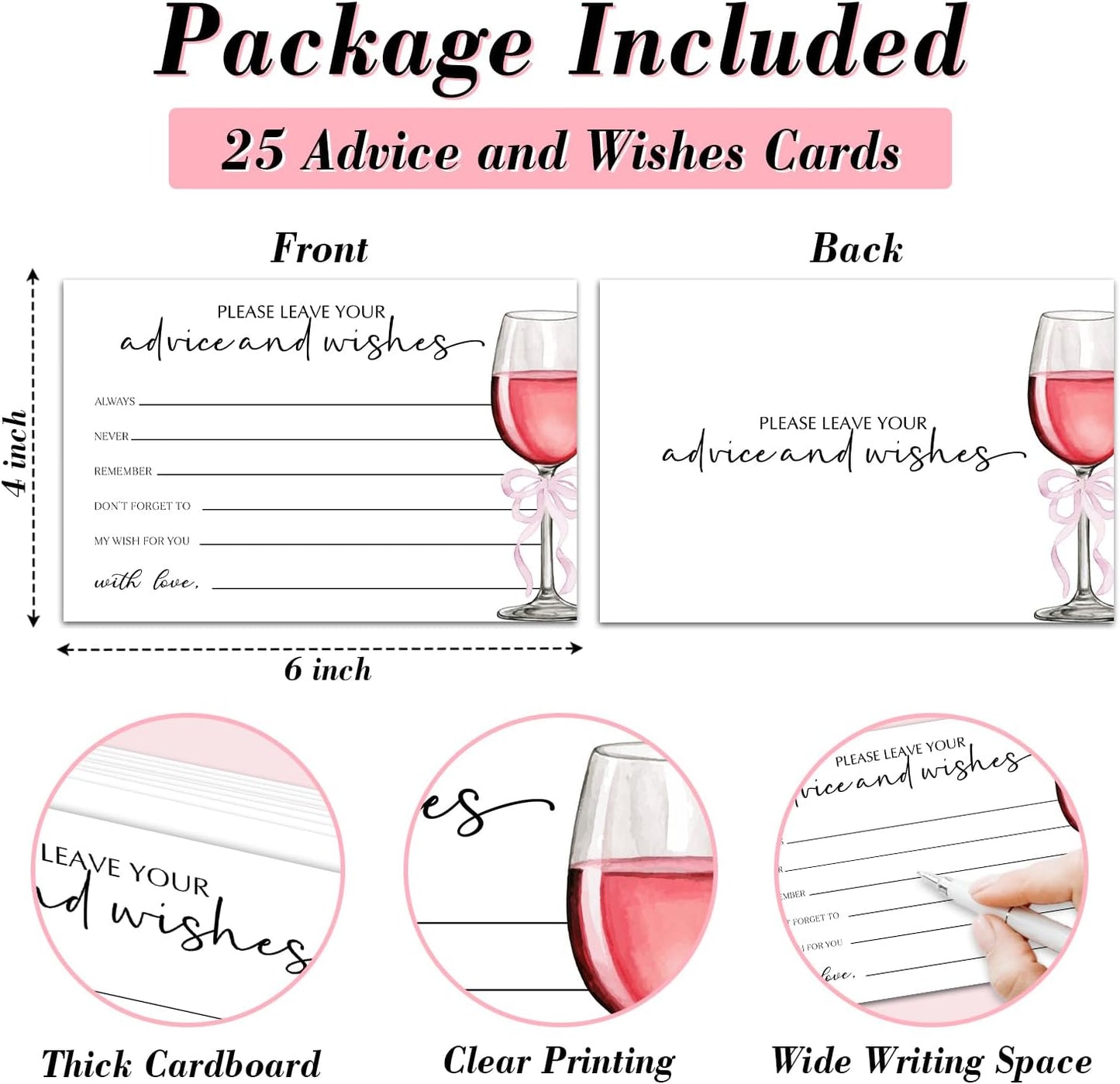 25 Advice and Wishes Cards, Red Wine & Bow Fill-In Advice Cards for Bridal Shower Wedding Birthday Party Baby Shower Graduation Party, Well Wishes Card for Mr & Mrs Adults, Party Supplies -05