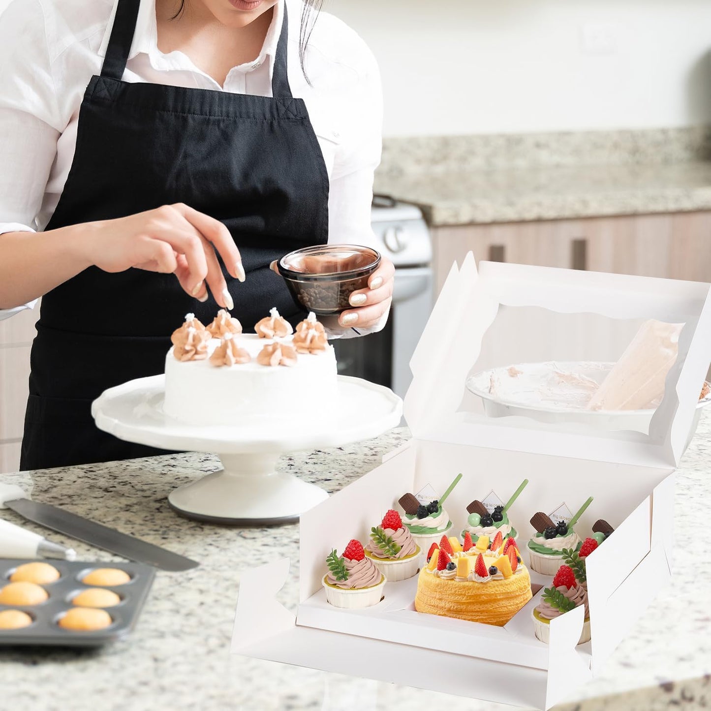 JCD 9 Holes Fit 8 Cupcakes and 1 Mini Cake Box Combo,8 sets of Cake Boxes, Pastry Sweets Bento Box, Cupcake Combo Box with Stickers(1+8/8pcs)