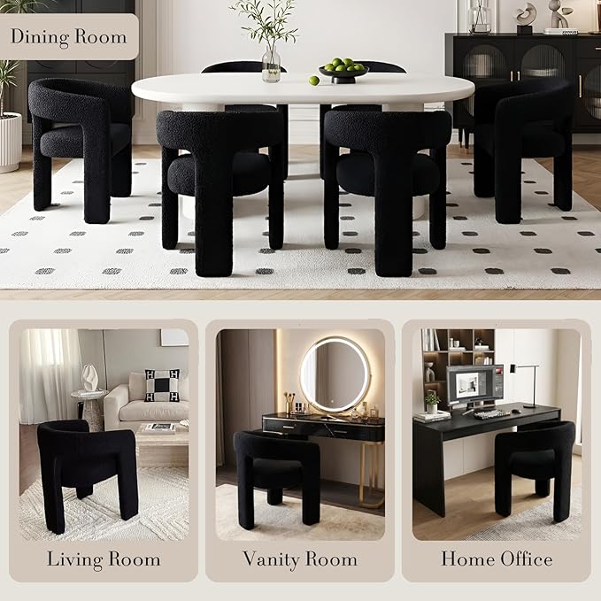 Black Dining Chairs Set of 6, Upholstered Sherpa Barrel Chairs - Image 5
