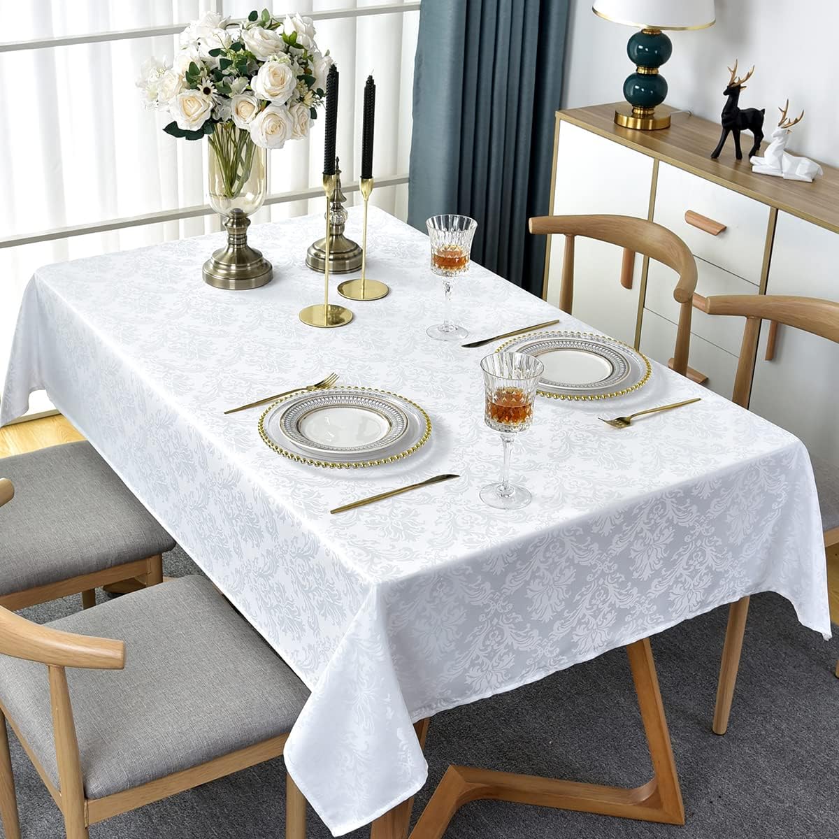 SASTYBALE White Tablecloth Rectangle 52 x 70 Inch Jacquard Damask Tablecloth, Spill Proof & Wrinkle Resistant Polyester Table Cloth, Washable Table Cover for Party, Dining, Indoor, Outdoor