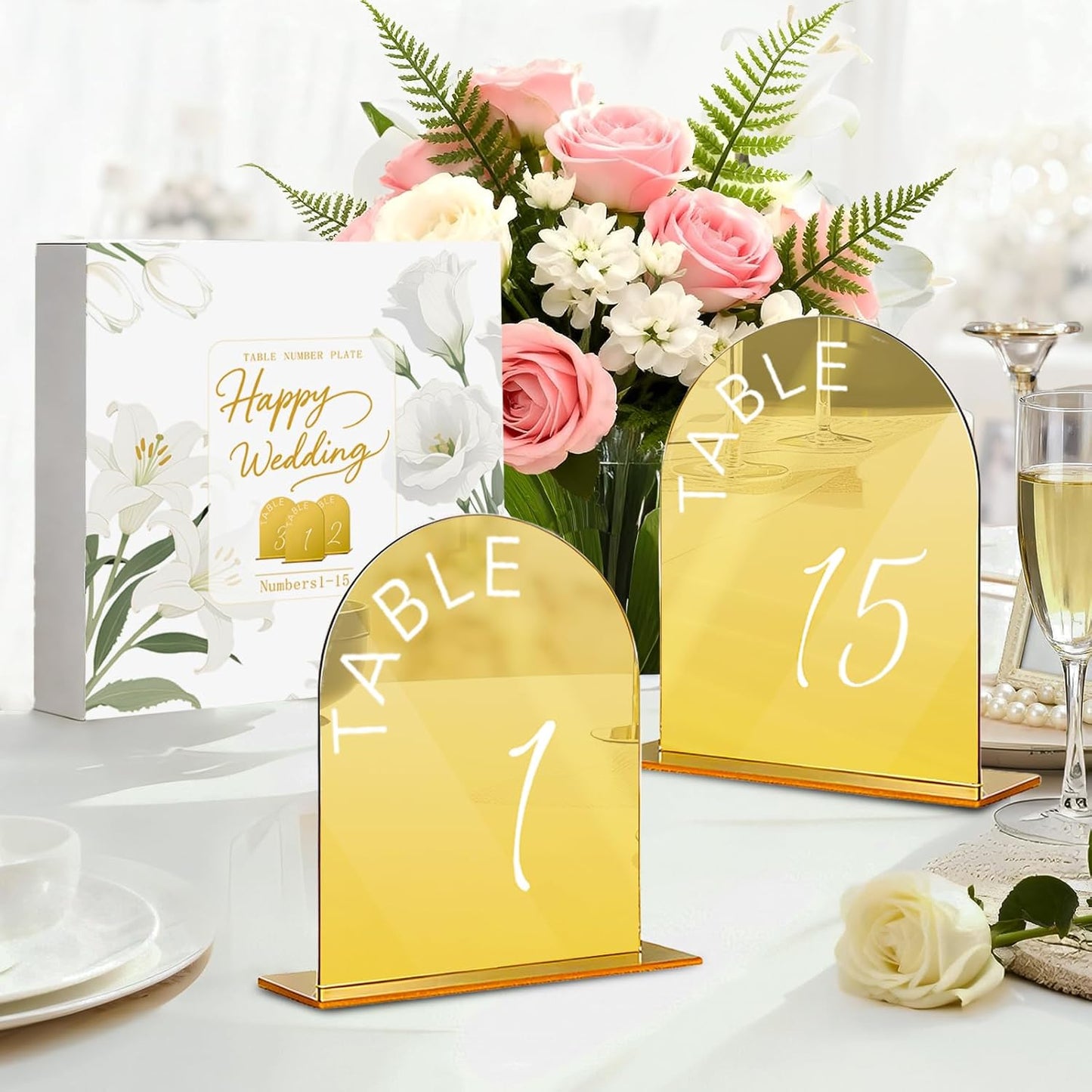 Gold Wedding Table Numbers 1-15 w/Stands: Gold Mirror Arch 5x7 Acrylic Display Signs and Holders - Perfect for Wedding Receptions, Party, Anniversaries, and Events