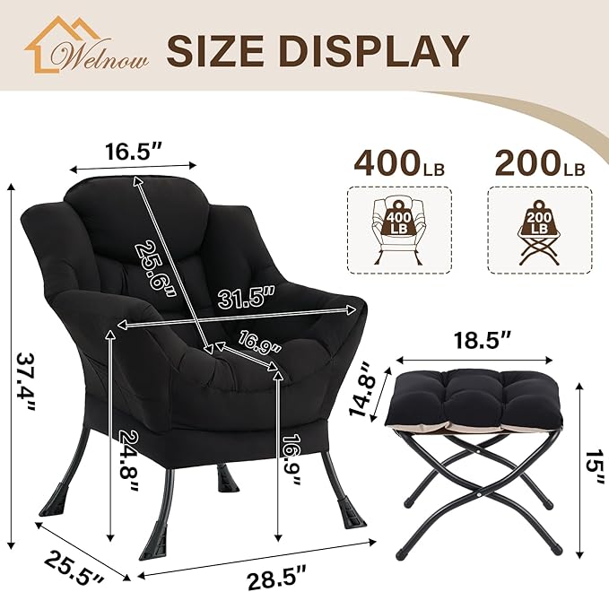 Welnow Lazy Chair with Ottoman, Modern Accent Chair with Armrests and a Side - Image 3