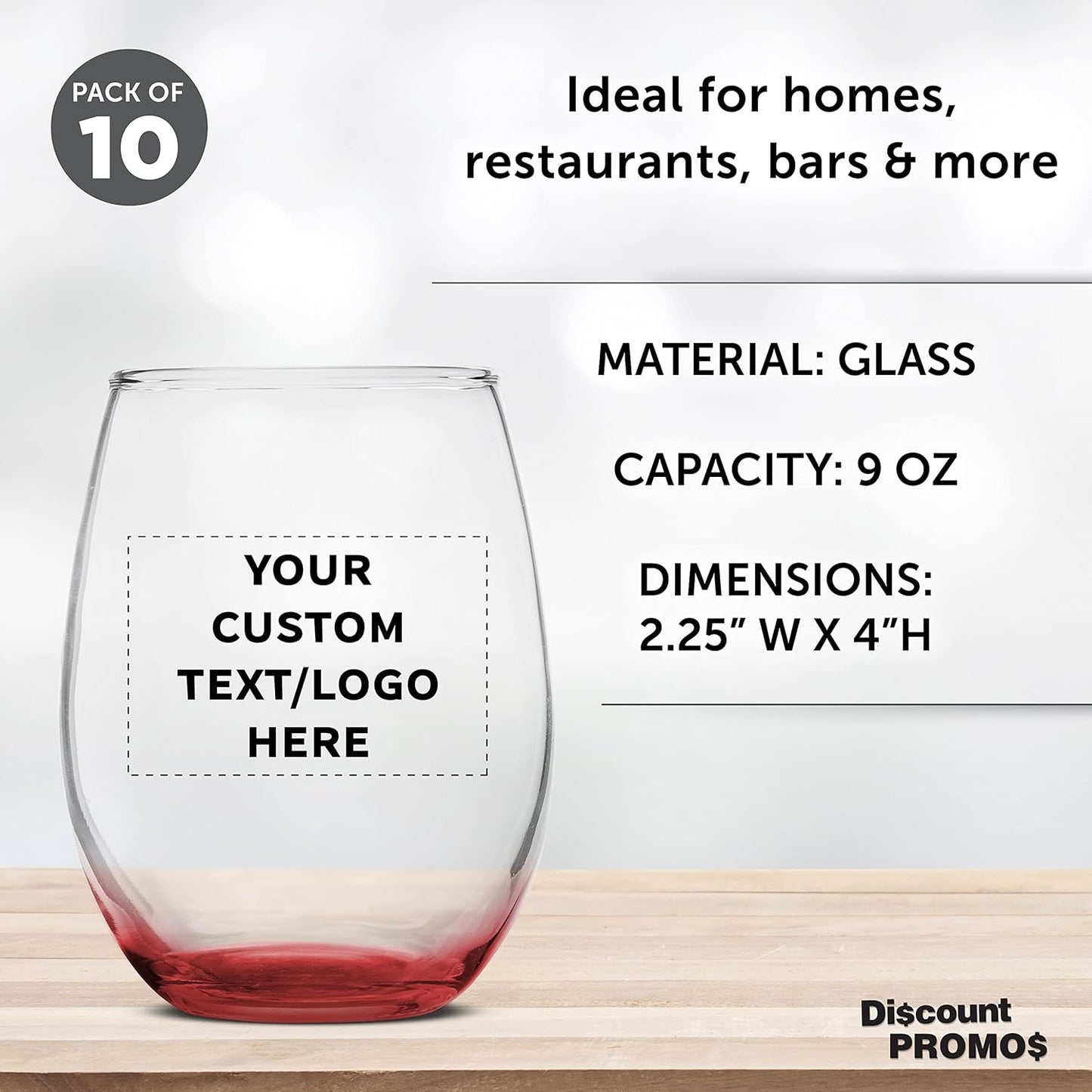 Custom Stemless Wine Glass 9 oz. Set of 10, Personalized Bulk Pack - Great for Wedding Favors, Bachelorette Party Decorations, Party Favors, Color Bottom - Red