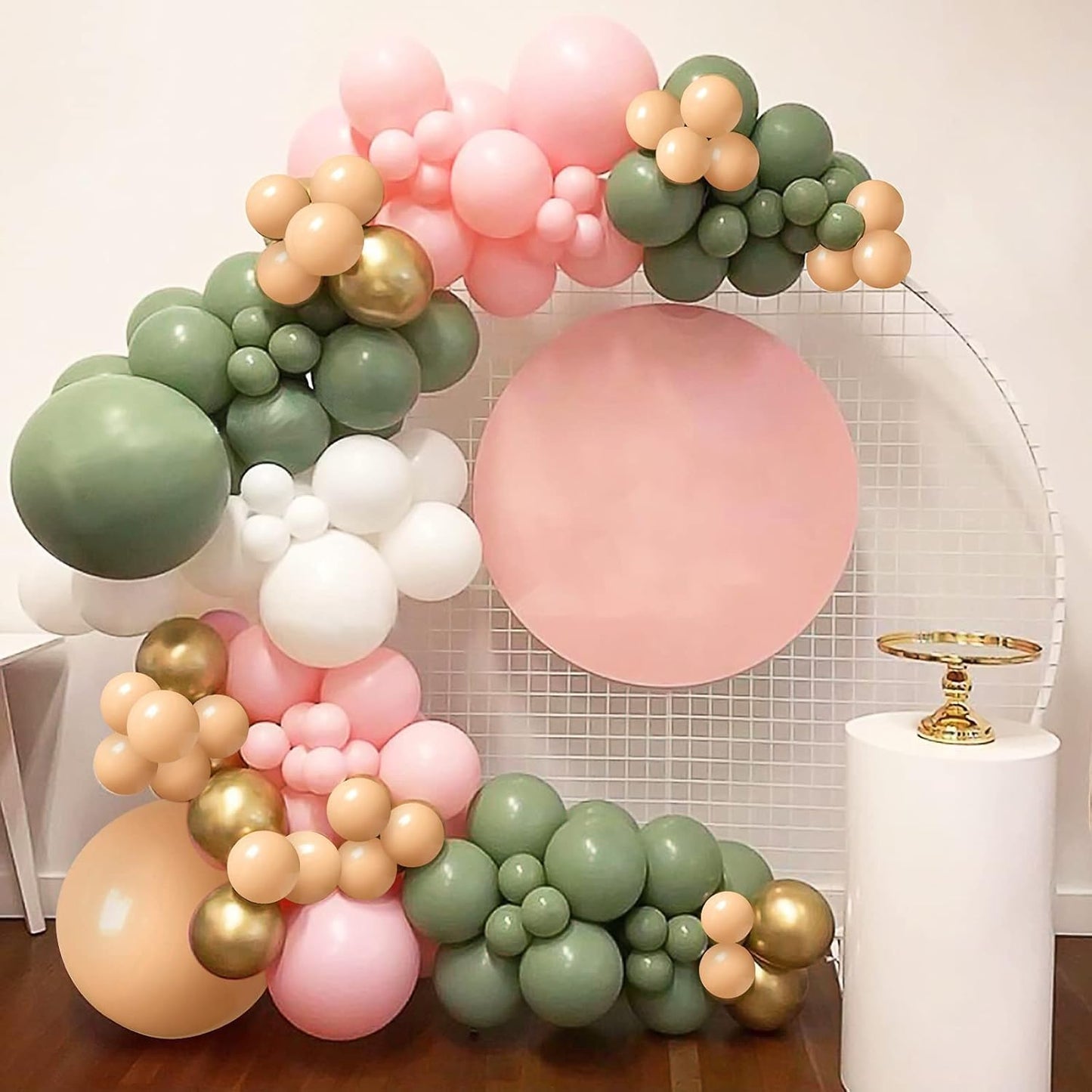 Paready Pink and Green Balloons, 50 PCS Sage Green Pink Balloons, 12 Inch Metallic Gold Confetti Avocado Green Sand White Balloons for Birthday Jungle Wedding Graduation Baby Shower Party Decorations
