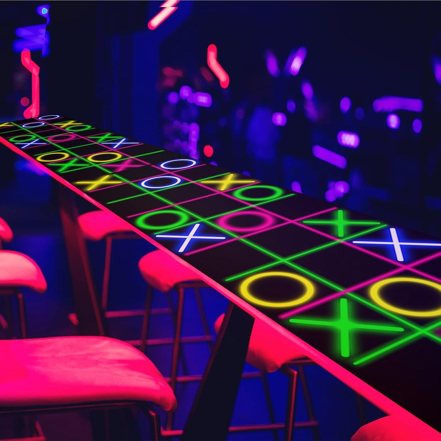 Haull 118 x 39 Inch Neon Light up Dance Floor Glow in The Dark Runner UV Reactive Blacklight Floor Aisle Runner Decor Wall Props for 80s 90s Neon Birthday Party Decorations(Tic Tac Toe)