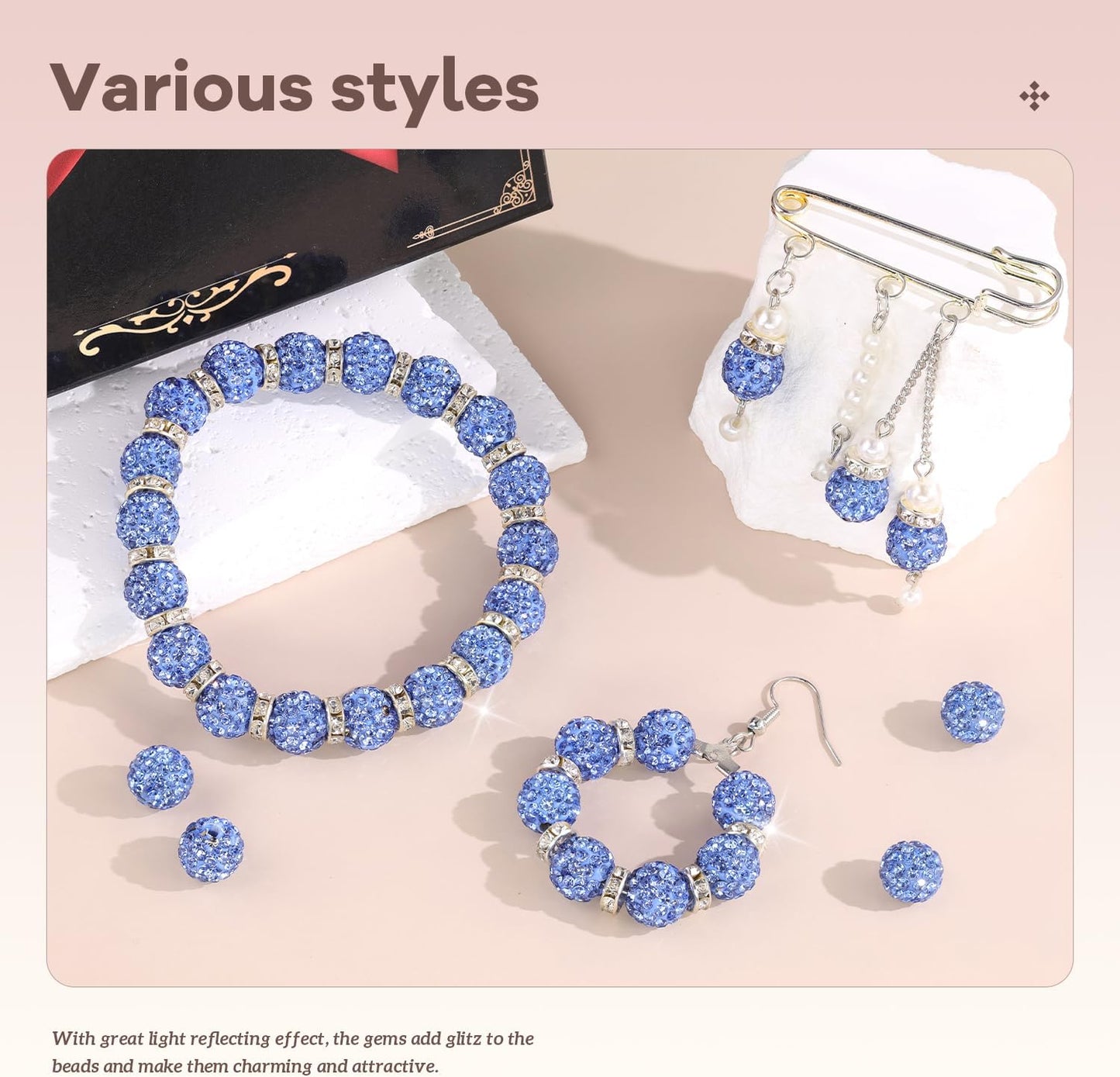 160pcs 10mm Rhinestone Beads for Jewelry Making, Light Blue Shiny Round Disco Ball Beads Bulk, Sparkle Crystal Clay Christmas for Bracelet Baseball Necklace Earring Crafting and DIY