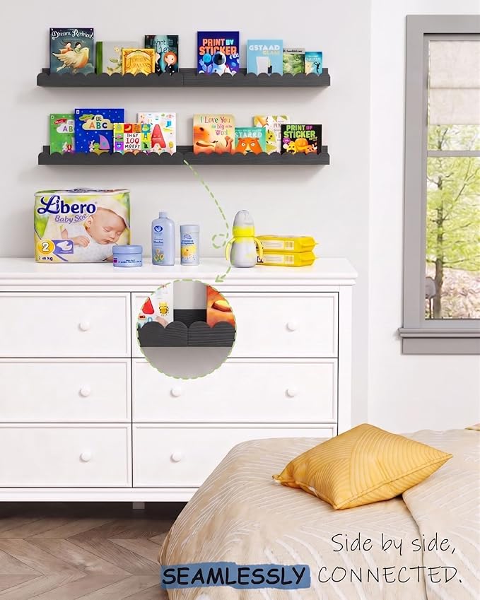 Harwaya Black Floating Nursery Wall Book Shelves Set of 4, Scalloped Shelves - Image 2
