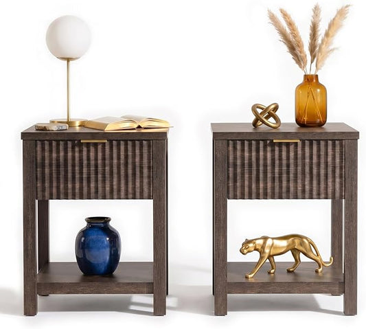 Fluted Night Stand with Golden Handle, Bedside Table with Storage Shelf by TROJMHome