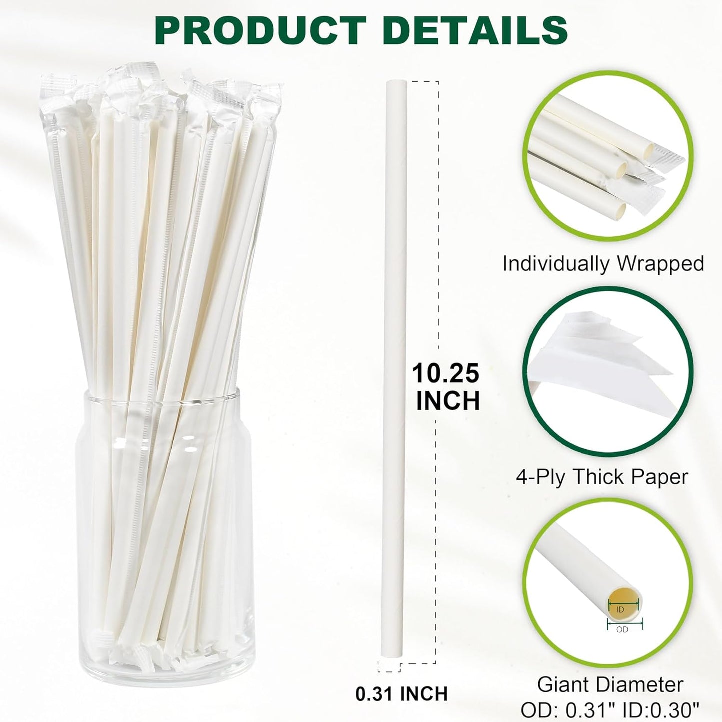 10.25" Disposable Paper Drinking Straws Individually Wrapped, 0.31" Dia. - 4 PLY Thick Heavy Duty Paper - White, 300 ct. (Restaurant Quality)