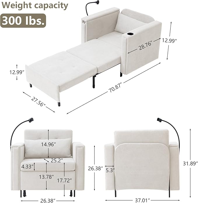 LEVNARY 3-in-1 Convertible Chair Pull Out Bed, Single Sofa Chair Sleeper - Image 2