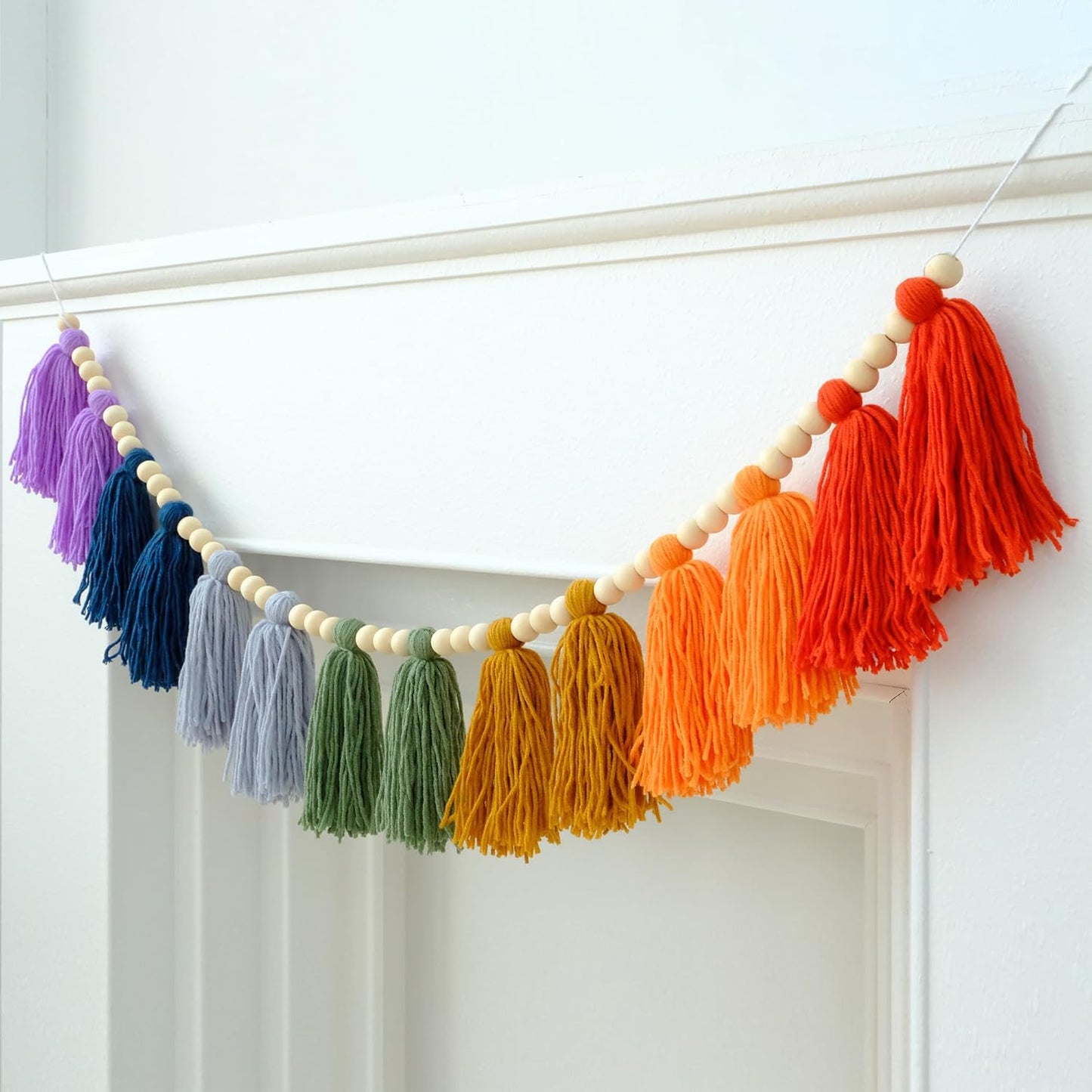 Boho Tassel Garland Wall Hanging with Wood Beads Colorful Tassel for Kids Room Bedroom Classroom Nursery Dorm Decorations
