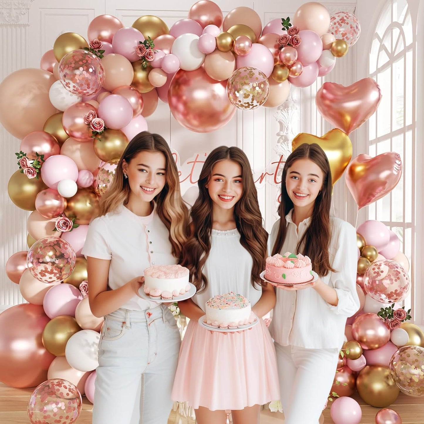 Rose Gold Balloon Garland Arch Kit, 140Pcs Nude Pastel Pink Metallic Gold White Balloons Gold and Rose Gold Confetti Balloons with Heart Foil Balloon for Wedding Bridal Birthday Party Decorations