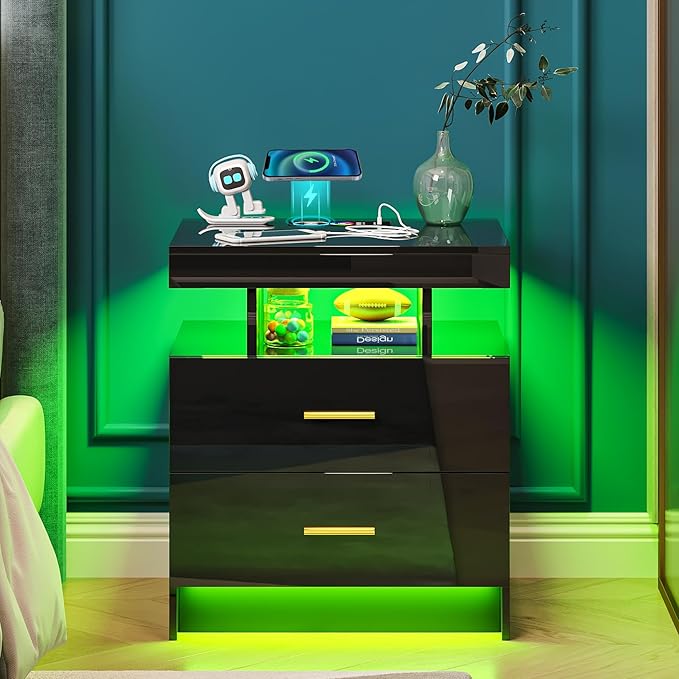 WOOVIVS Night Stand with Light, High Gloss Nightstand with USB/Wireless - Image 8