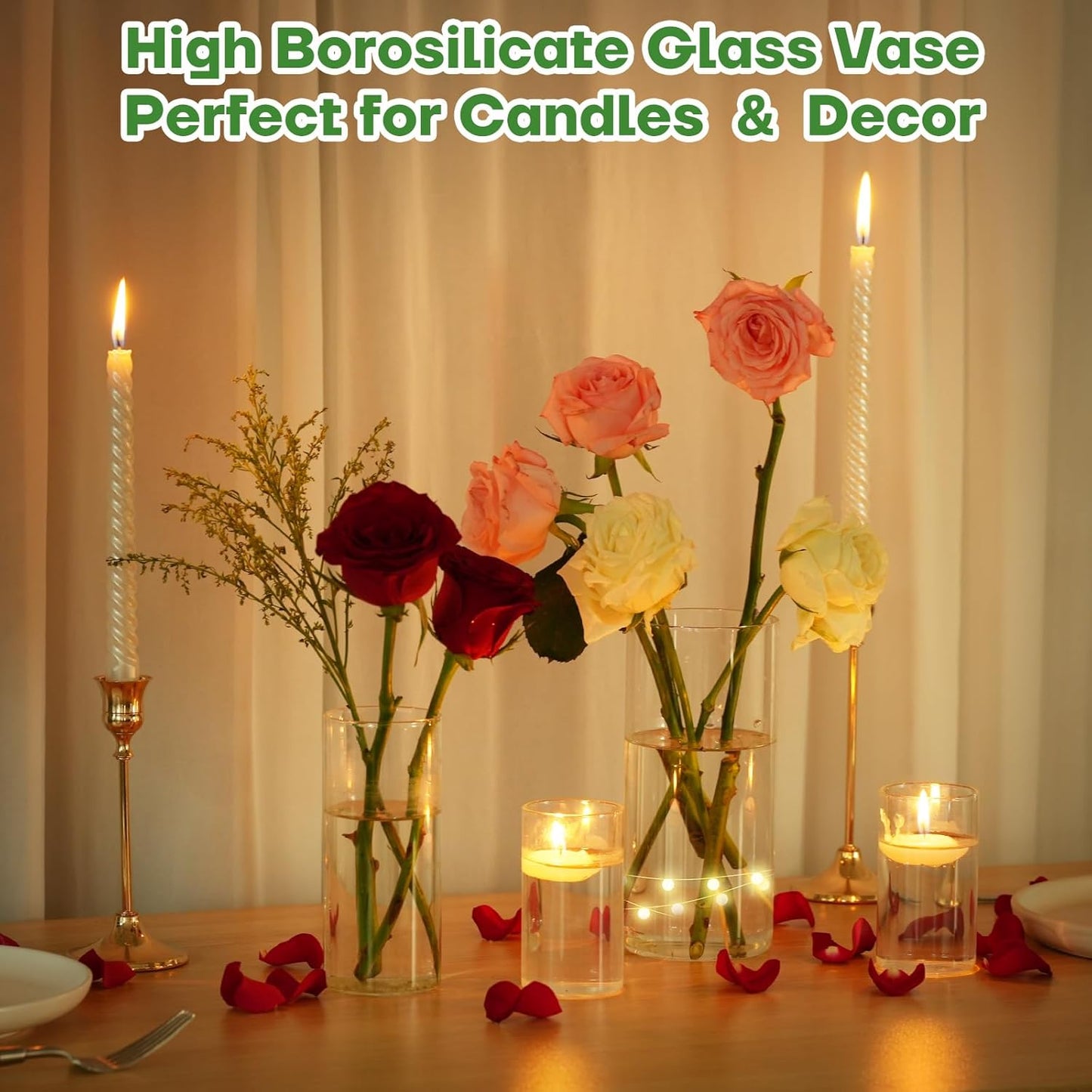 12pcs Clear Glass Cylinder Vases, 4, 6, 7.5, 10 Inch Tall Cylinder Vases for Centerpieces,Glass Flower Vase Hurricane Floating Candle Holder Vase for Table Shelf, Wedding, Party,Home & Office Decor