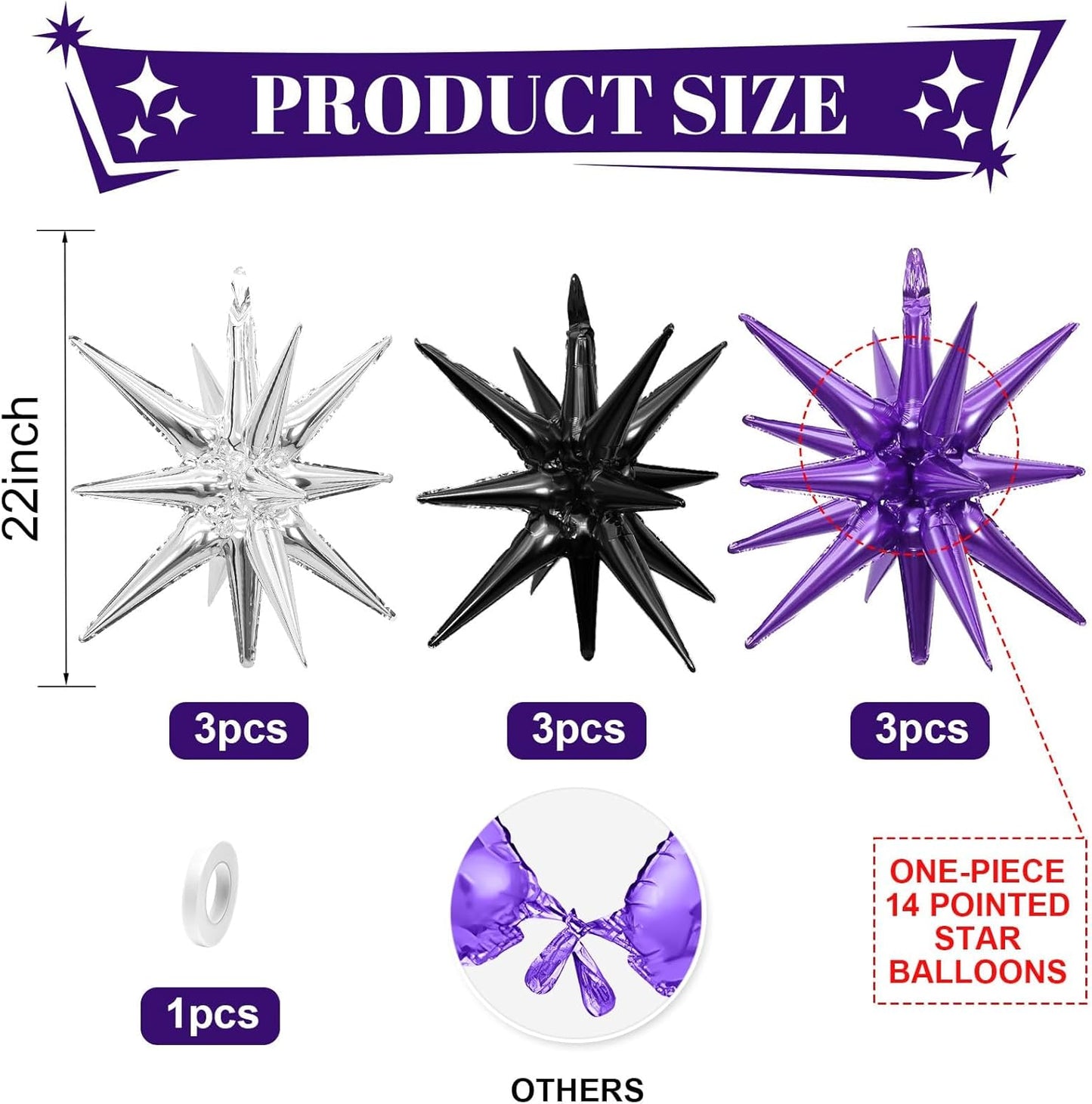 Black Purple Silver Star Balloons,9Pcs 22Inch Black Silver Purple Explosion Spike Cone Helium Polyester Film Star Foil Balloons for Birthday Halloween Anniversary Baby Shower Party Decorations
