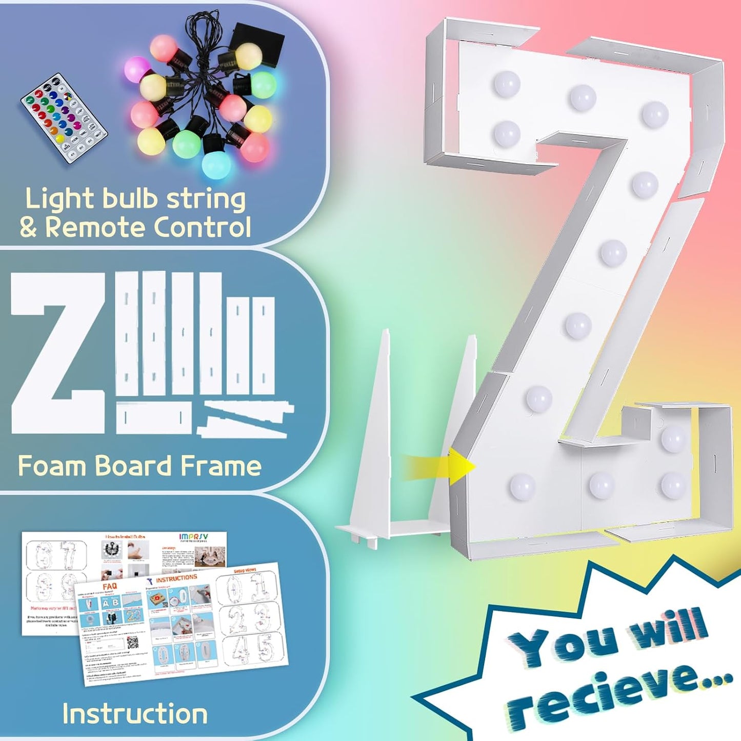 4FT Colorful Marquee Light Up Letters Z, 18 Colors Light Up Alphabet Signs with Remote, Marry Me Sign, Large Letter for Birthday Engagement Anniversary Wedding Party Decor